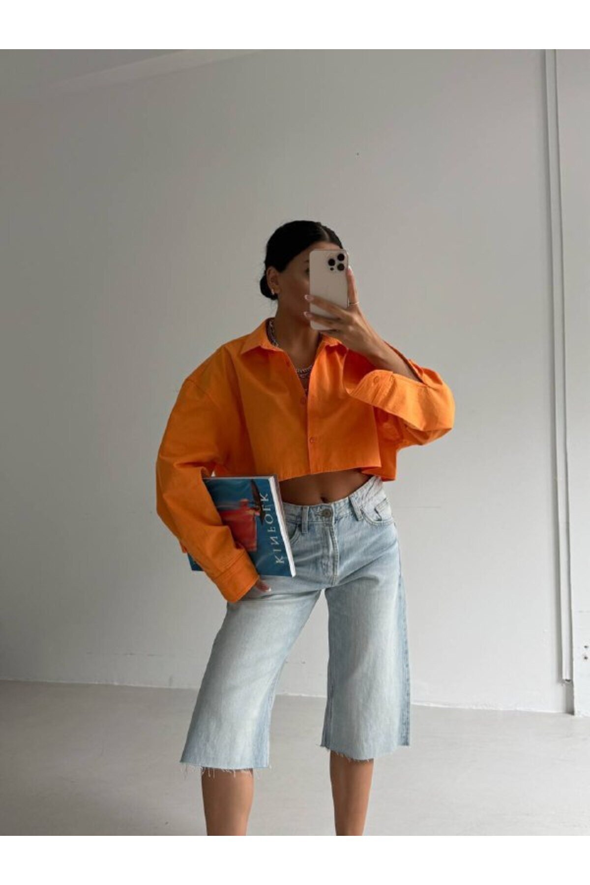 Long Sleeve Crop Elegant Shirt - Orange Green - VİSKALİ