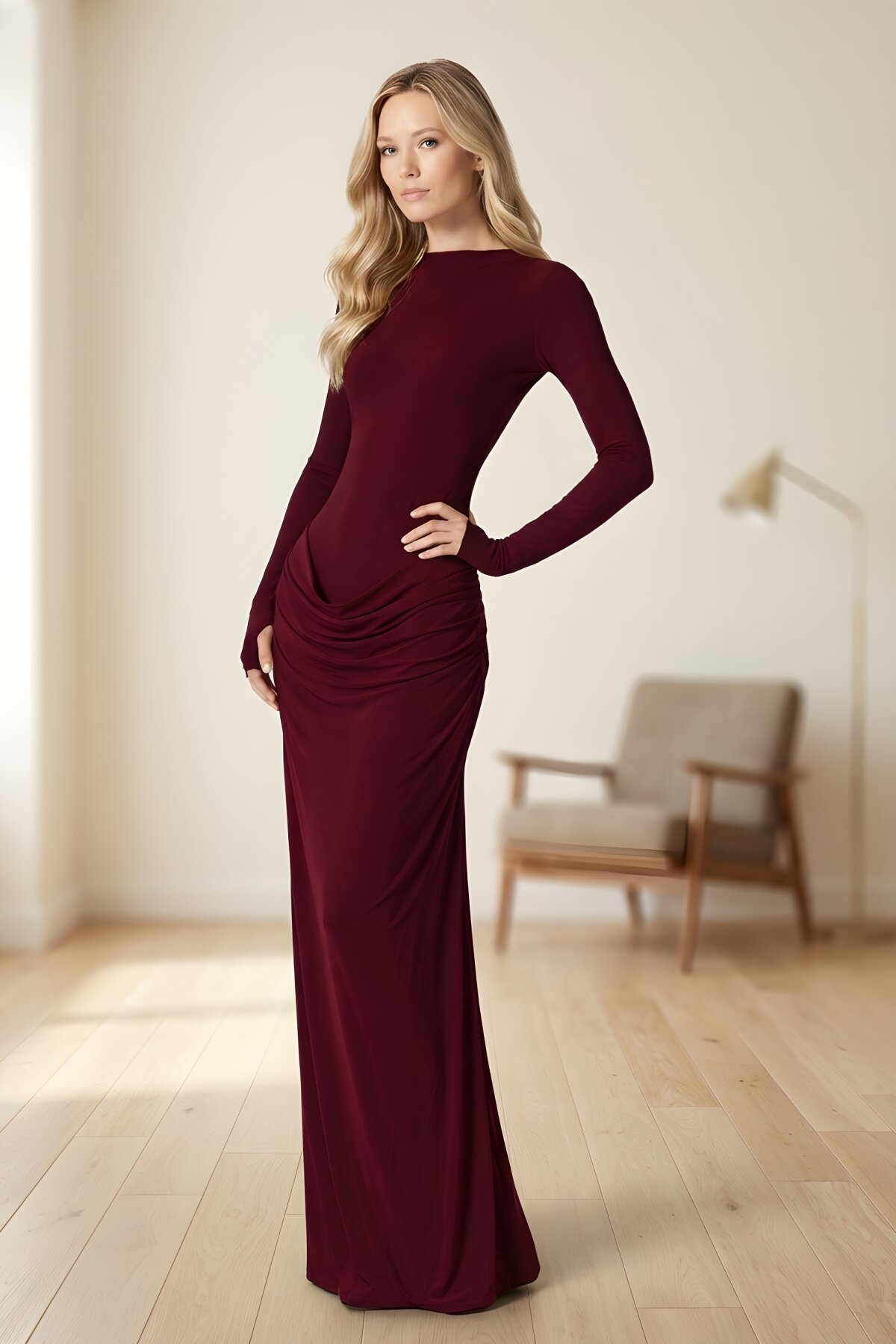 Long Mock Neck Draped Ruched Evening Dress - Burgundy - Zagrep