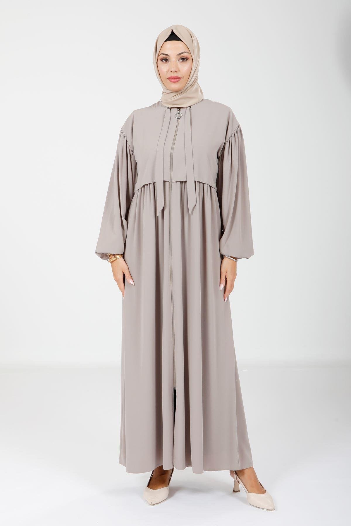 Bolero Detail Tie-Neck Abaya - Beige - Beyza