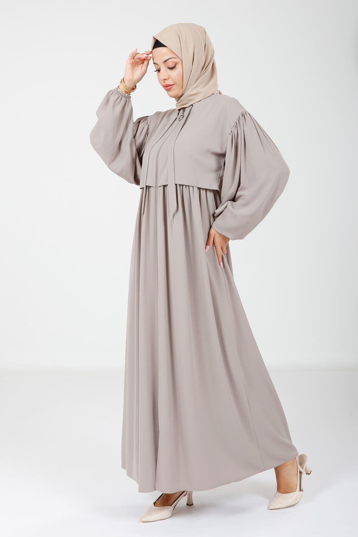 Bolero Detail Tie-Neck Abaya - Beige - Beyza