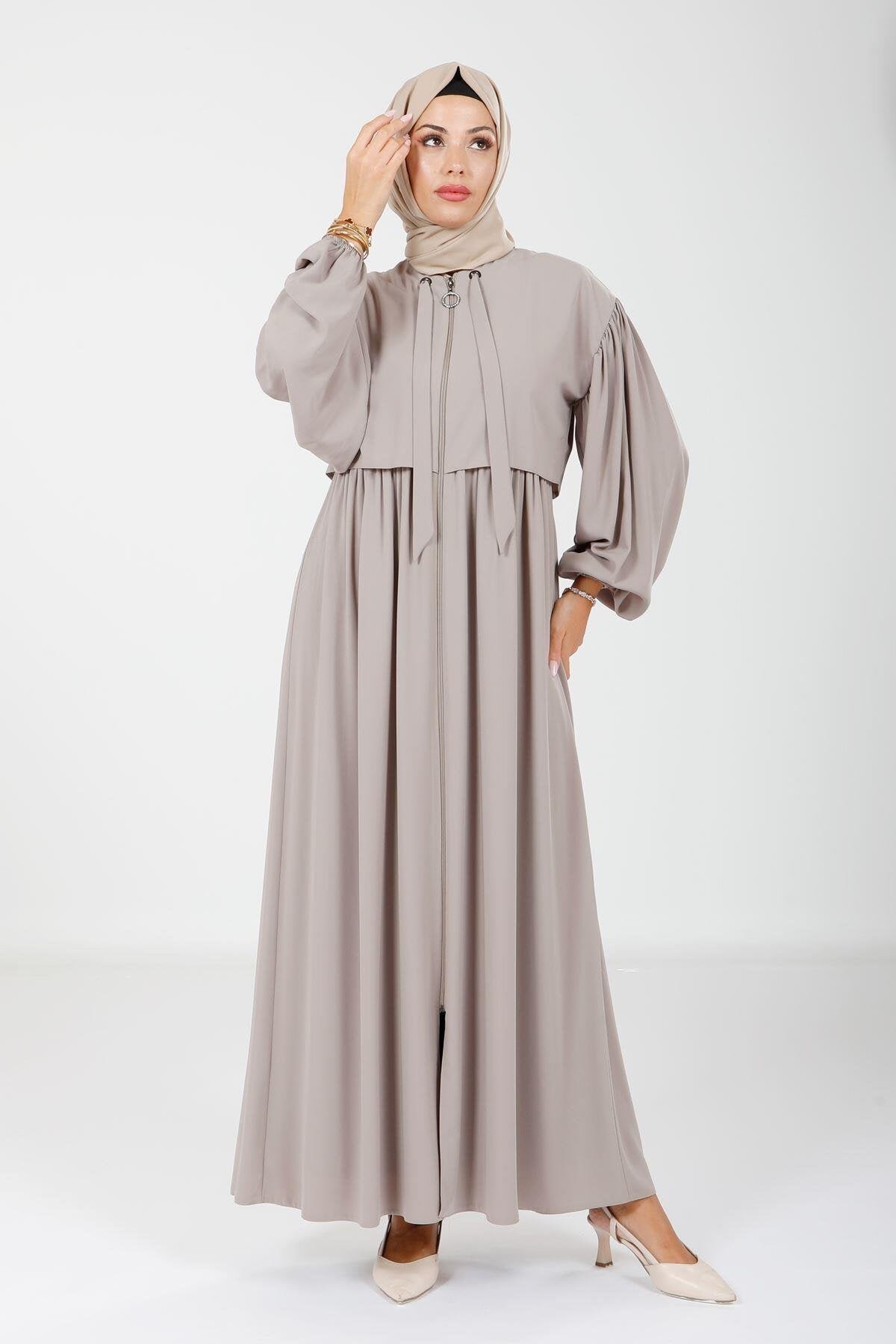 Bolero Detail Tie-Neck Abaya - Beige - Beyza