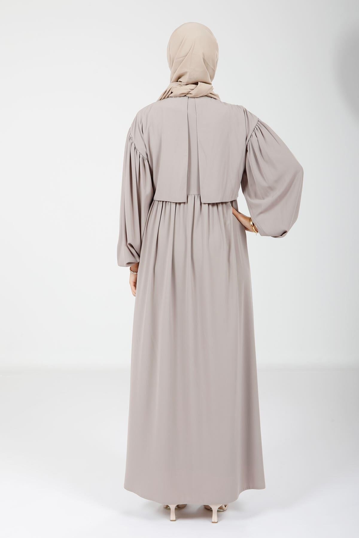 Bolero Detail Tie-Neck Abaya - Beige - Beyza