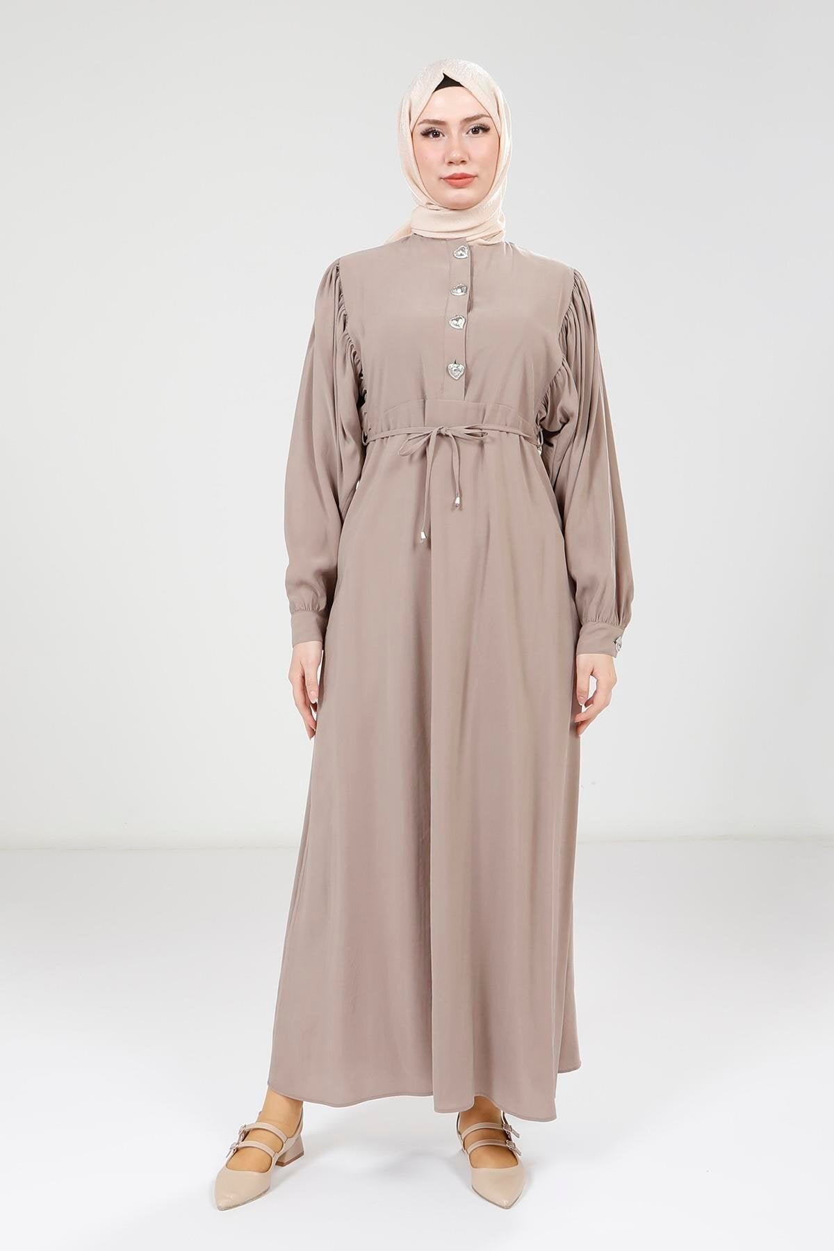 Beige Modal Button-Detail Modest Dress - Beige - Beyza