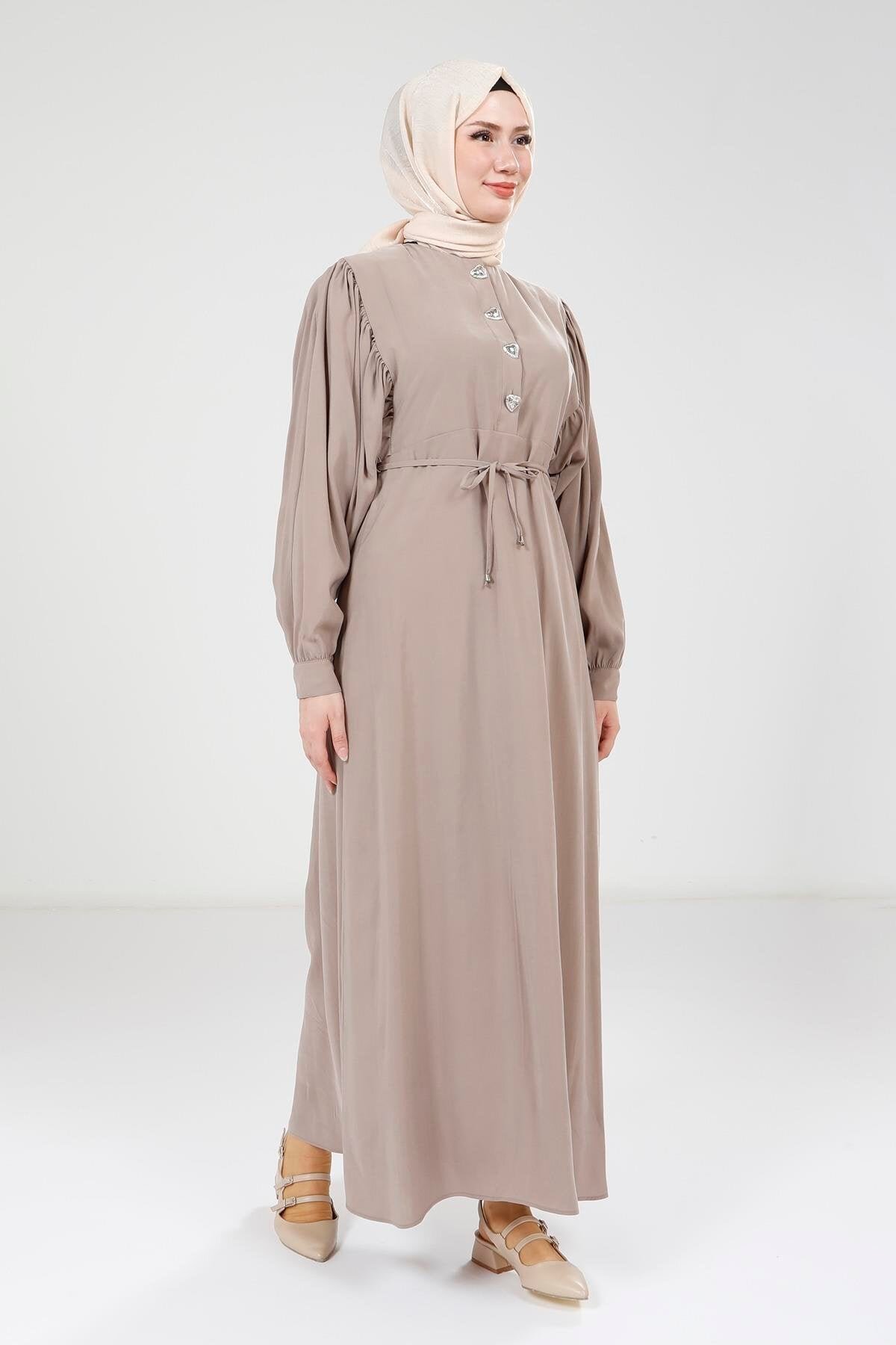Beige Modal Button-Detail Modest Dress - Beige - Beyza