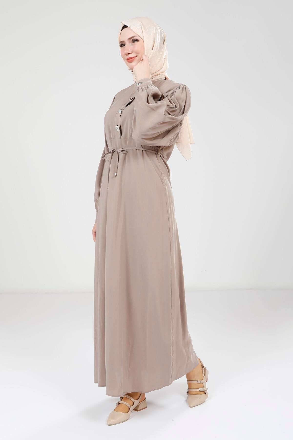 Beige Modal Button-Detail Modest Dress - Beige - Beyza