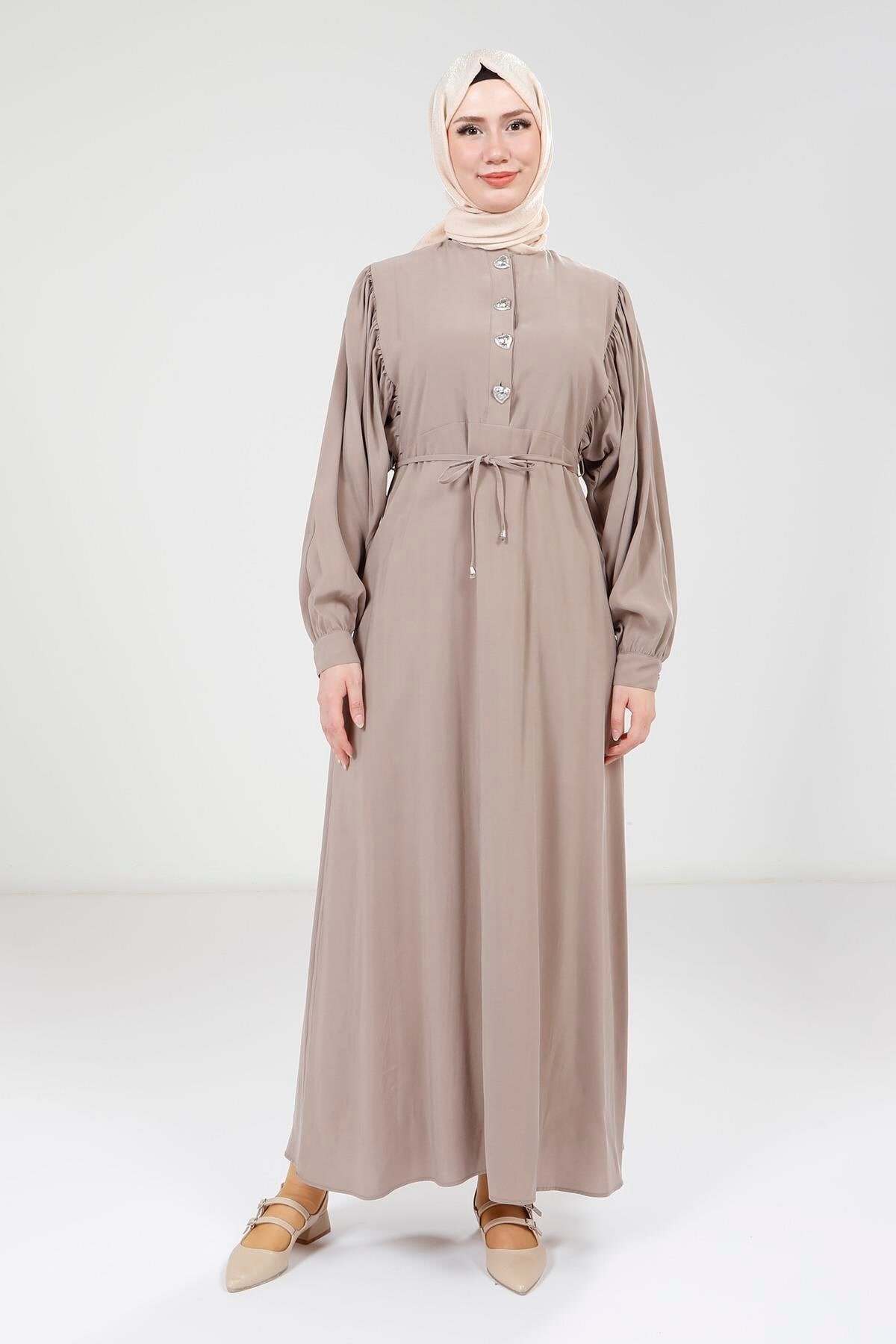 Beige Modal Button-Detail Modest Dress - Beige - Beyza