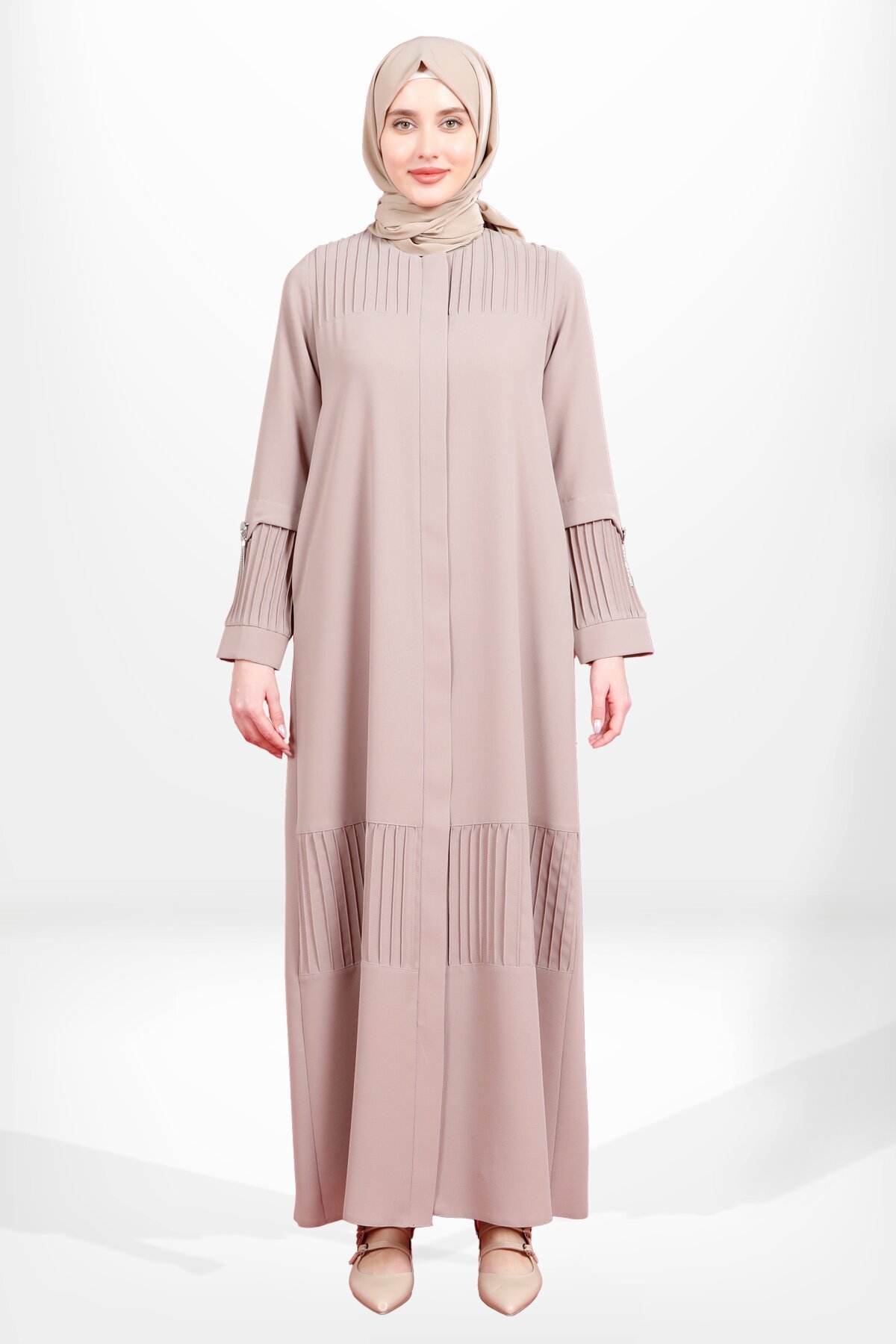 Pintuck Zippered Side-Pocket Abaya - Beige - Beyza