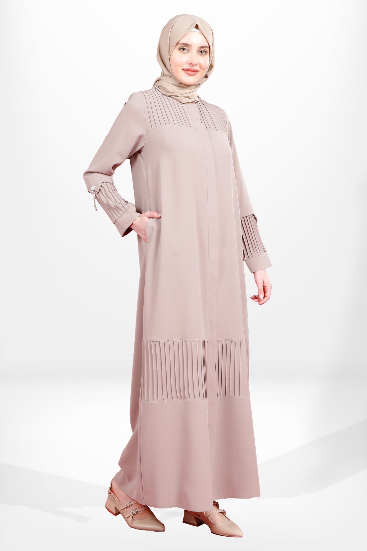Pintuck Zippered Side-Pocket Abaya - Beige - Beyza
