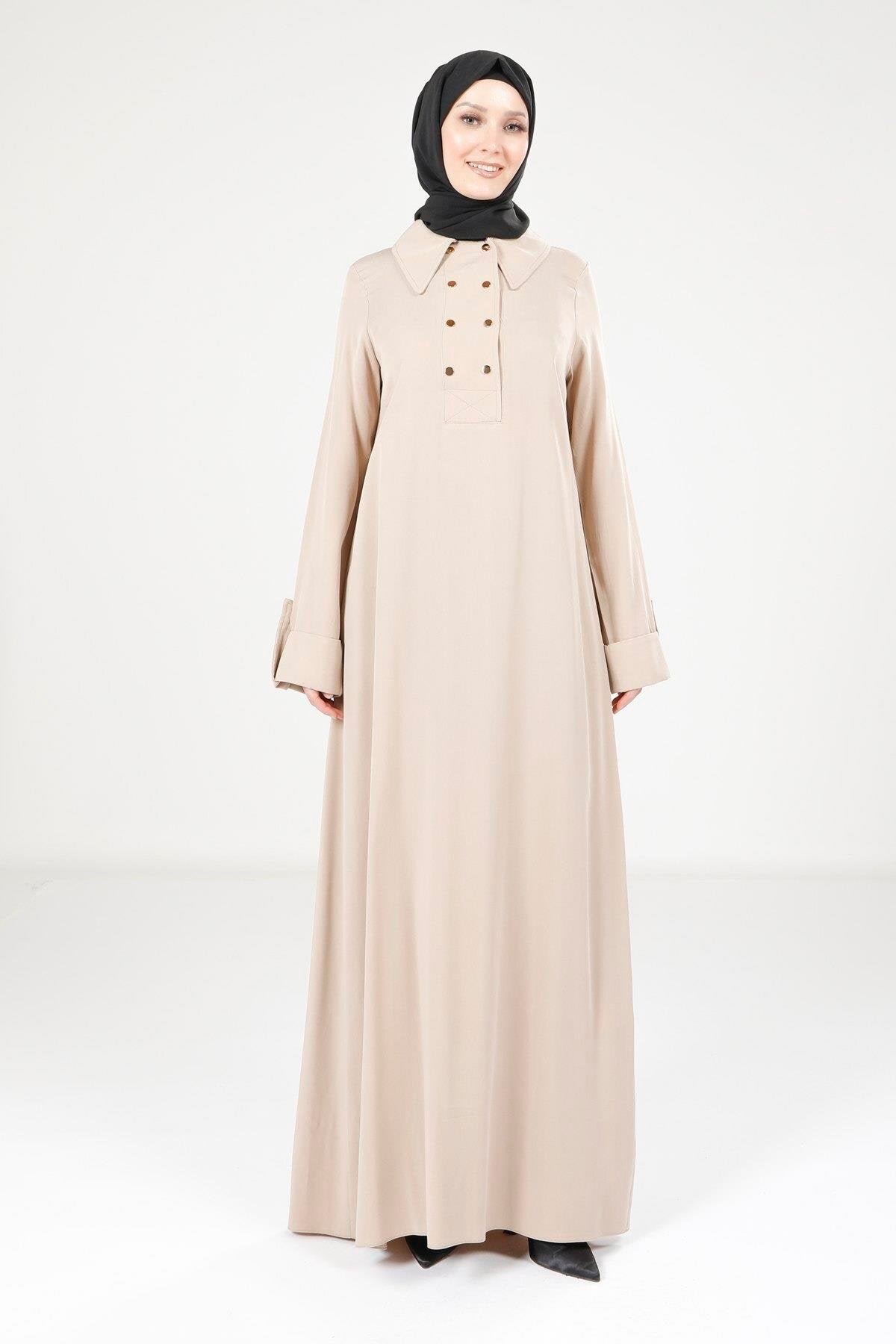 Collared Button-Detail Modest Dress - Beige - Beyza