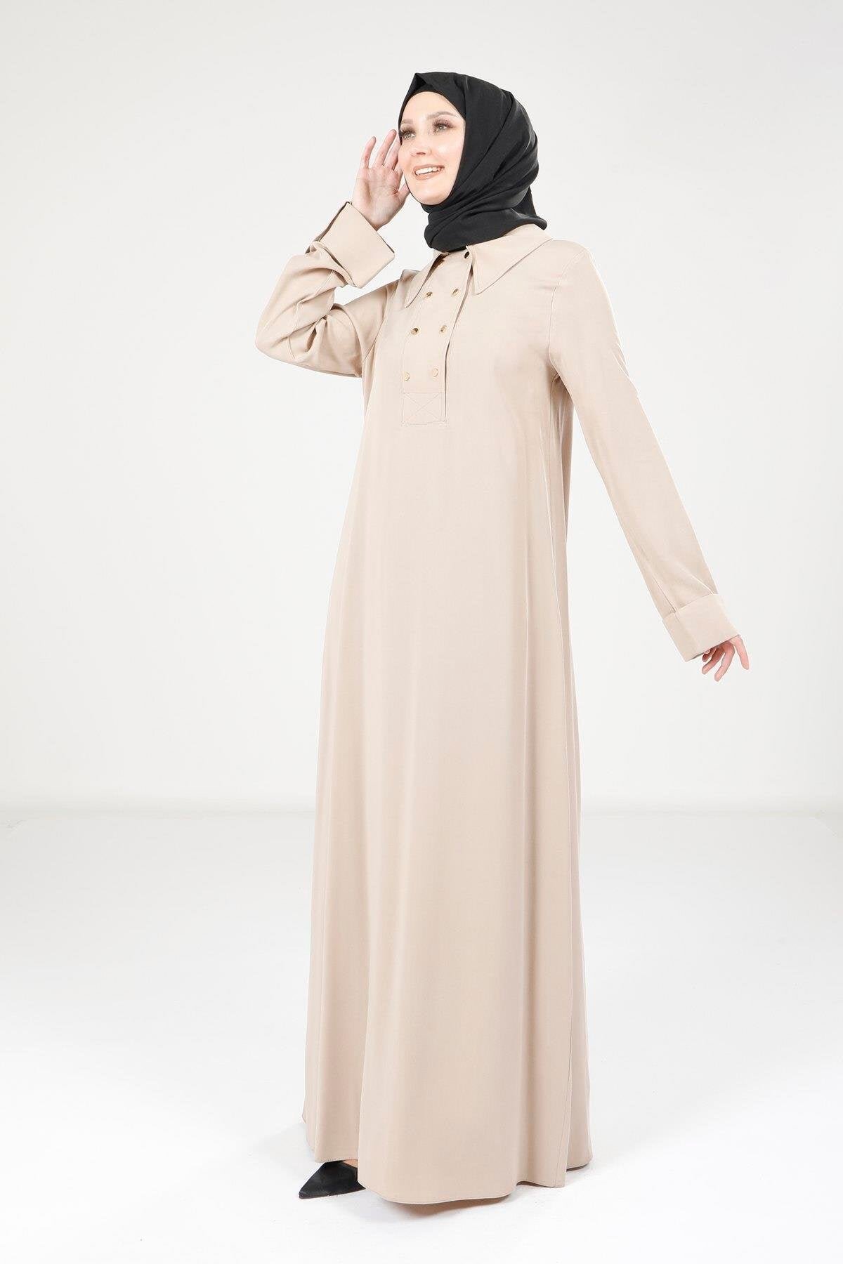 Collared Button-Detail Modest Dress - Beige - Beyza