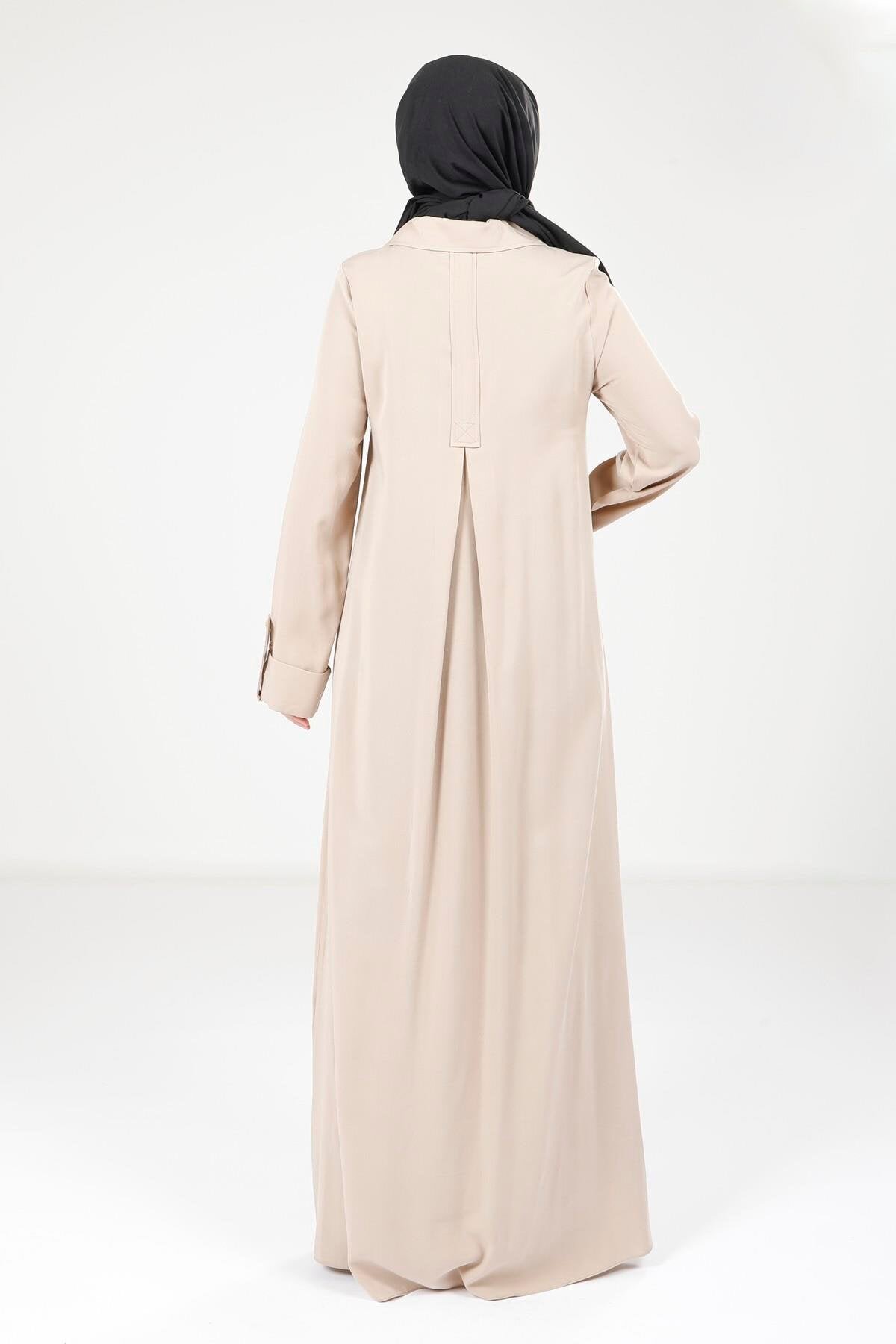 Collared Button-Detail Modest Dress - Beige - Beyza