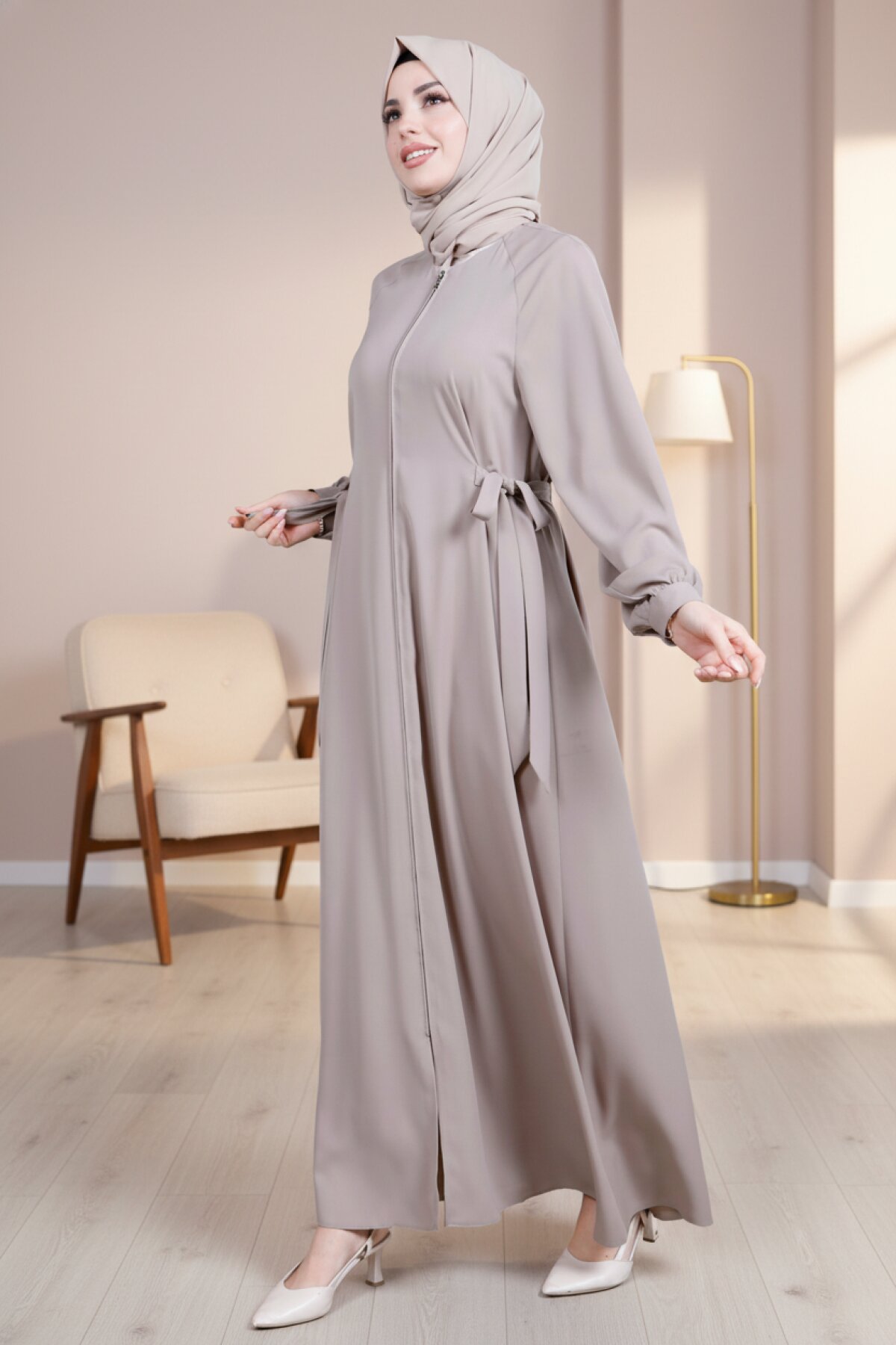 Side-Tie Zippered Abaya - Beige - Beyza