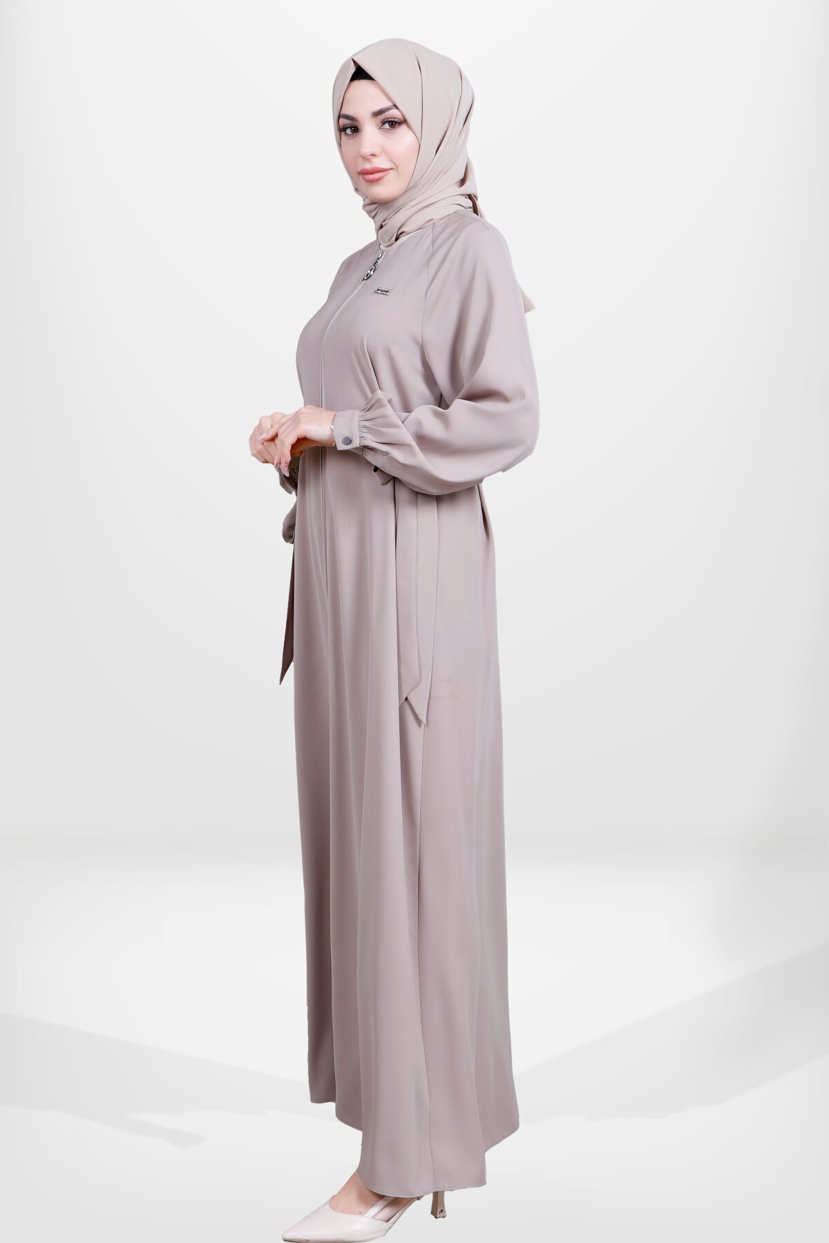 Side-Tie Zippered Abaya - Beige - Beyza