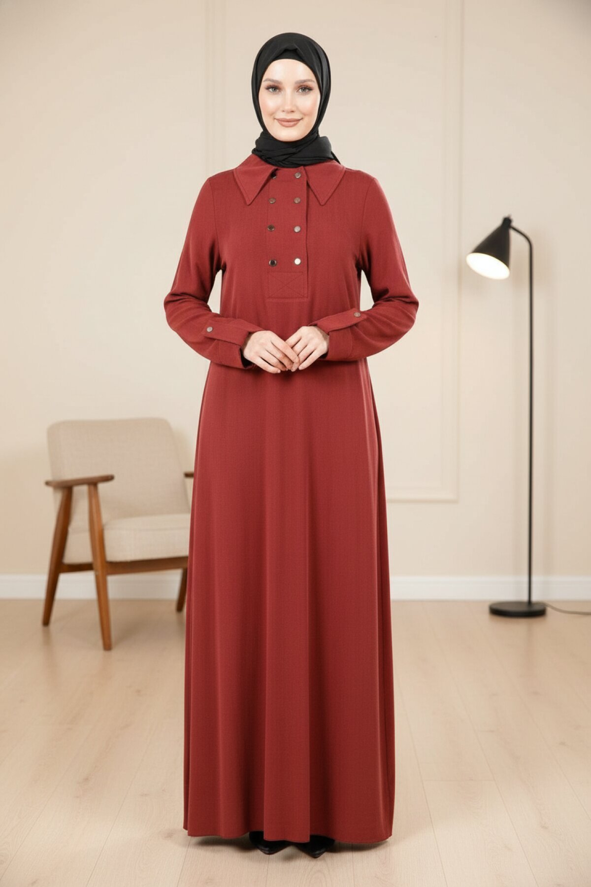 Collared Button-Detail Modest Dress - Burgundy - Beyza