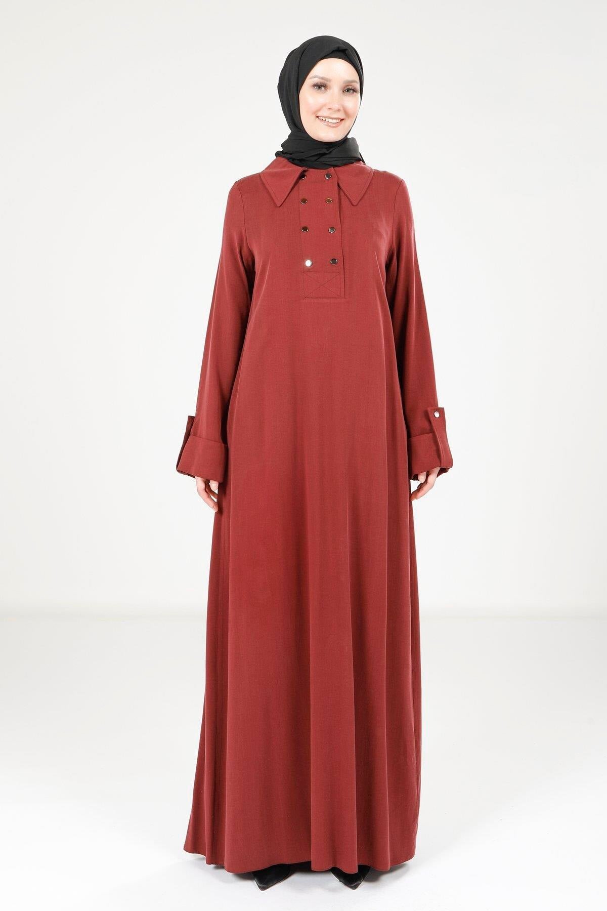Collared Button-Detail Modest Dress - Burgundy - Beyza