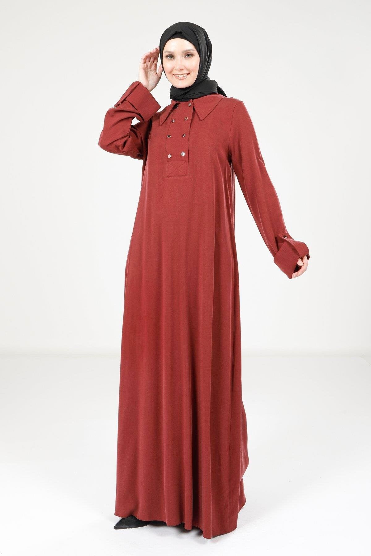 Collared Button-Detail Modest Dress - Burgundy - Beyza