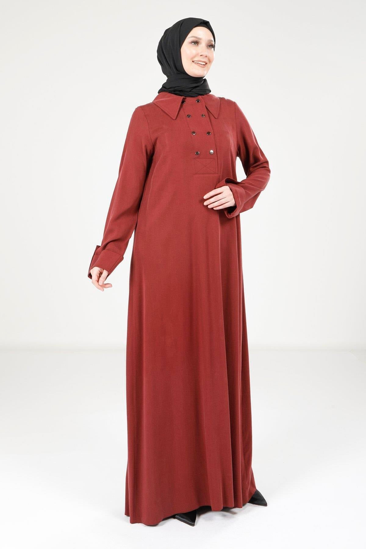 Collared Button-Detail Modest Dress - Burgundy - Beyza