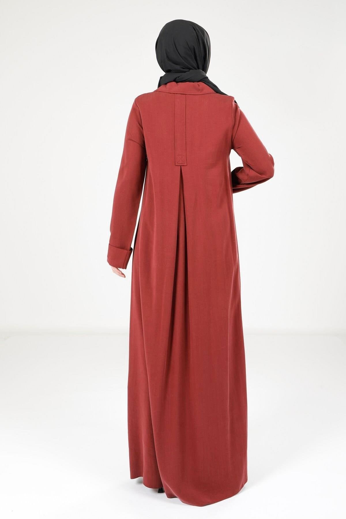 Collared Button-Detail Modest Dress - Burgundy - Beyza
