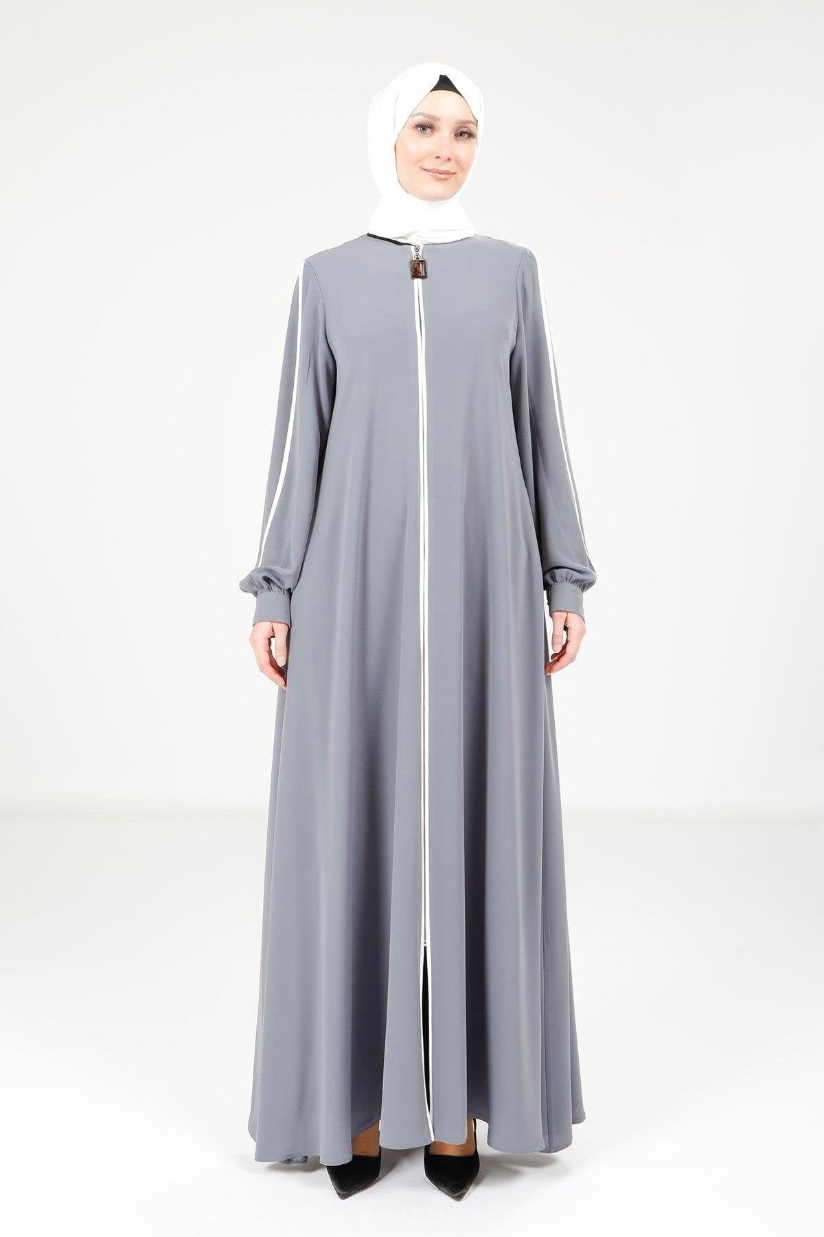 Piped Detail Abaya - Gray - Beyza