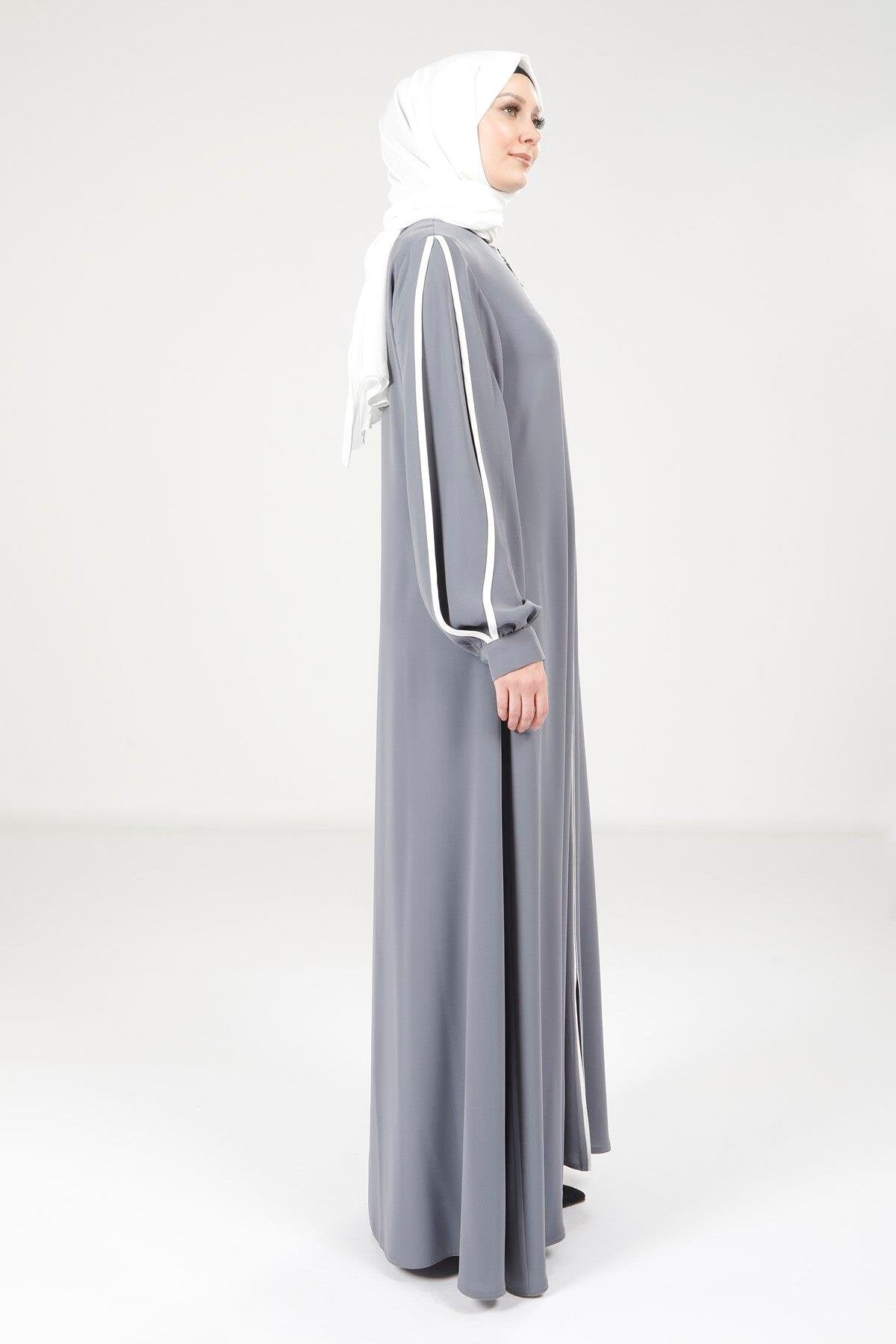 Piped Detail Abaya - Gray - Beyza