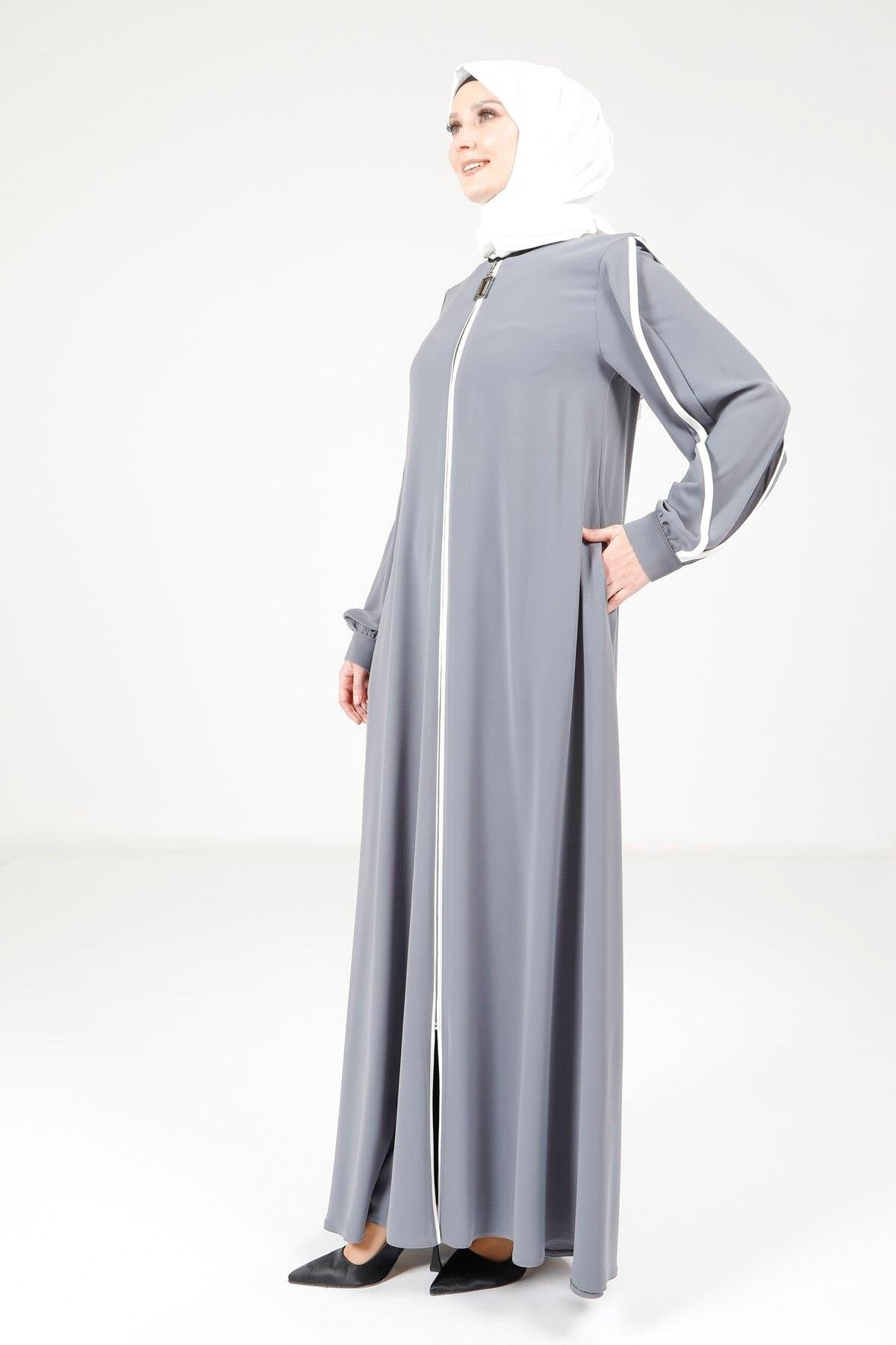 Piped Detail Abaya - Gray - Beyza