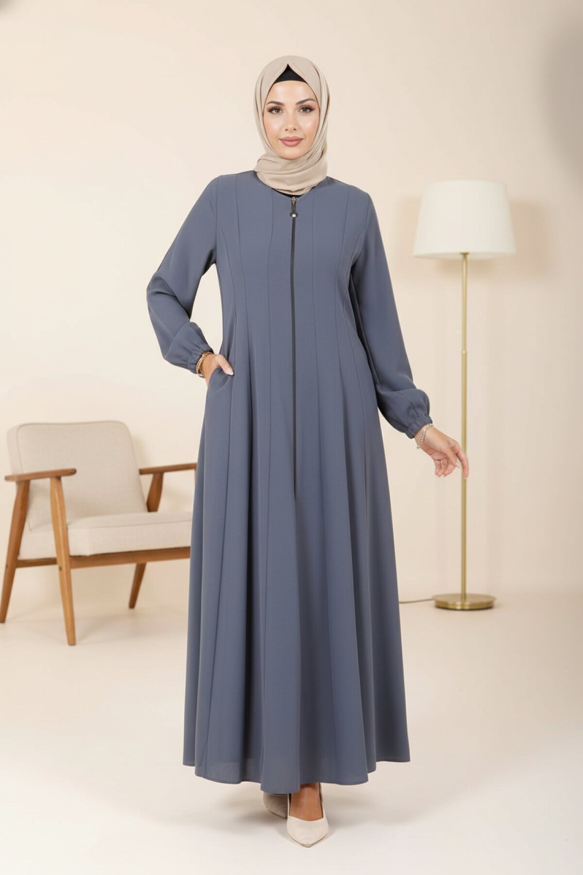 Flare Cut Piping Detail Abaya - Gray - Beyza