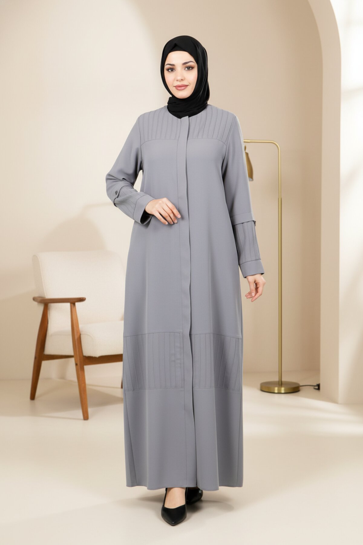 Pintuck Zippered Side Pocket Abaya - Grey - Beyza