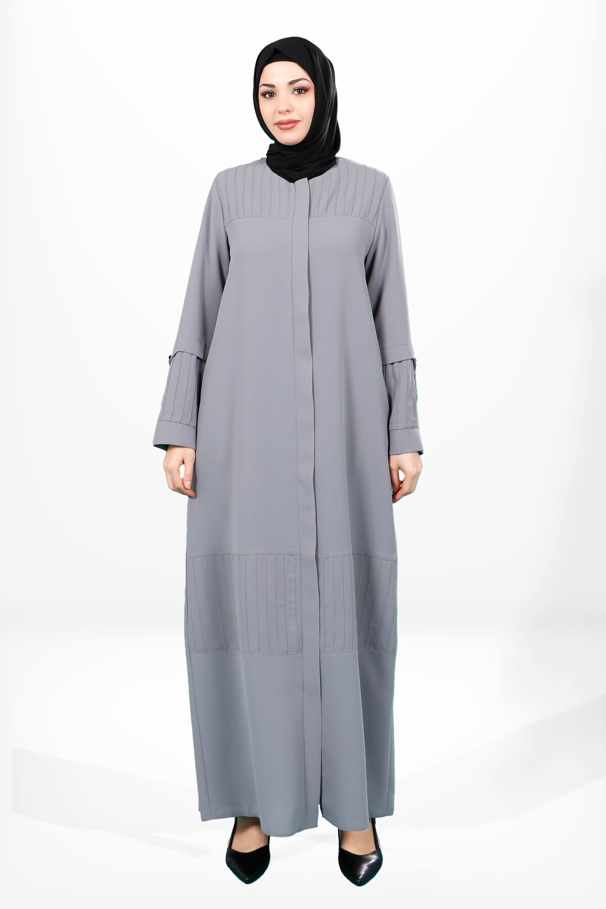 Pintuck Zippered Side Pocket Abaya - Grey - Beyza