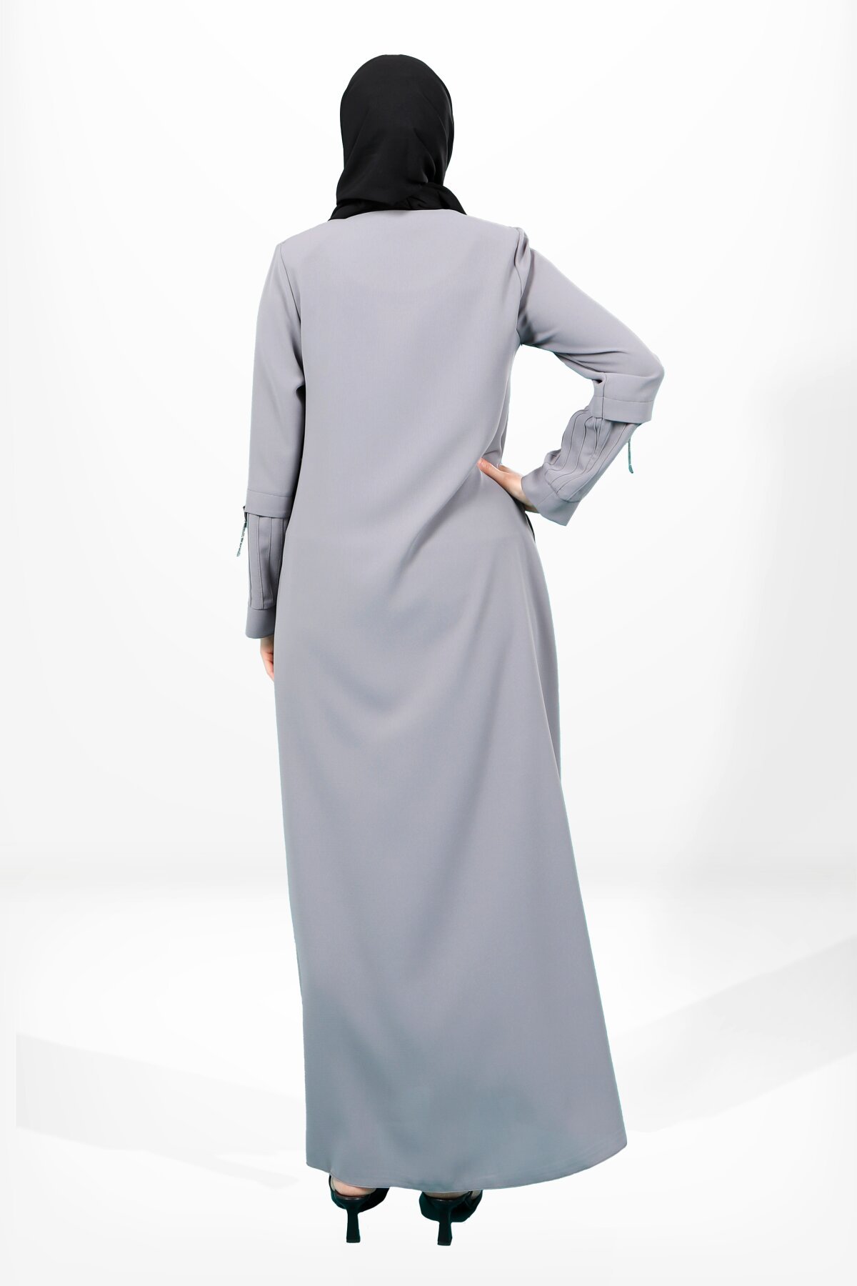 Pintuck Zippered Side Pocket Abaya - Grey - Beyza