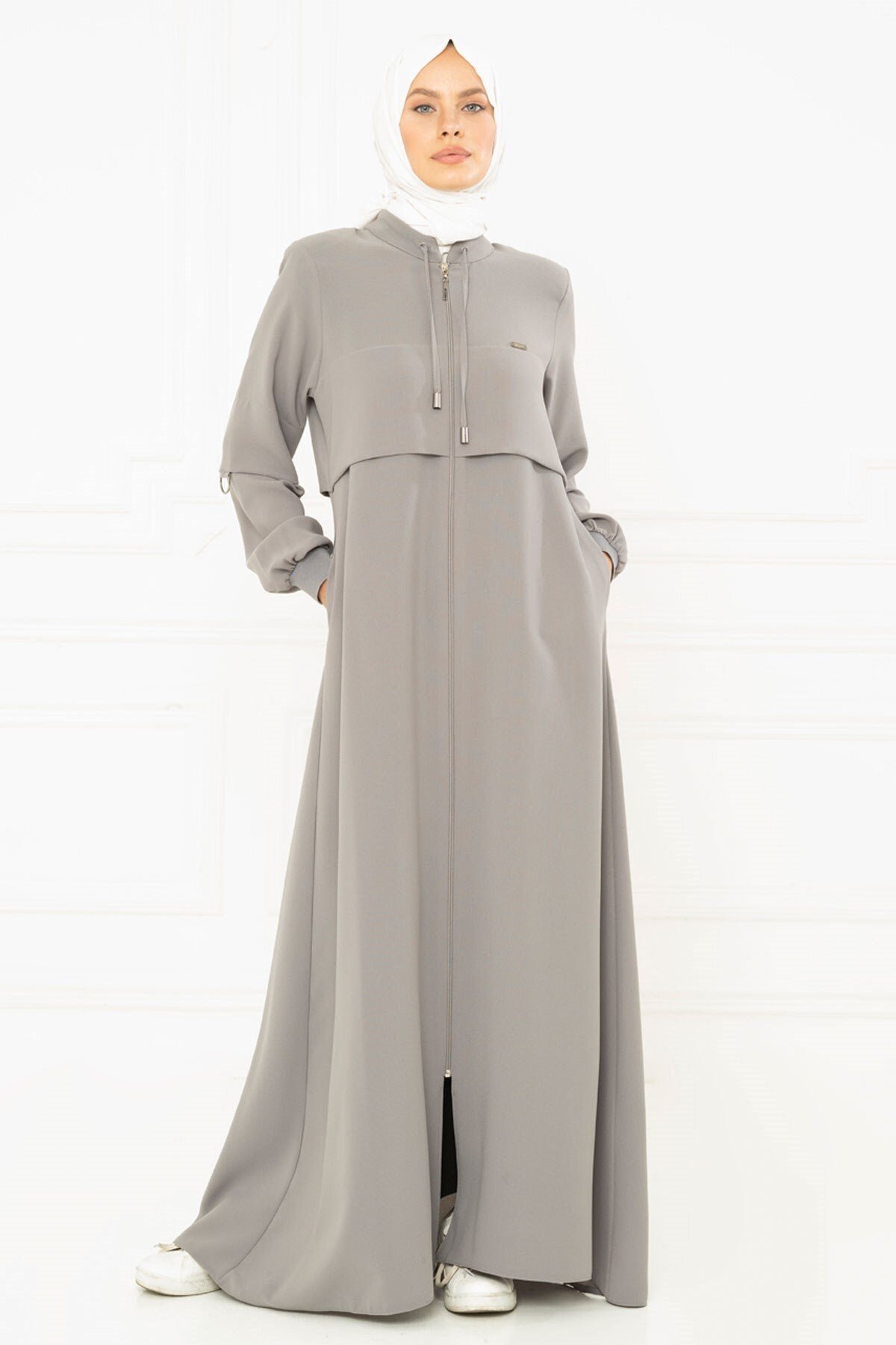 Sporty Ribbed Abaya - Grey - Beyza