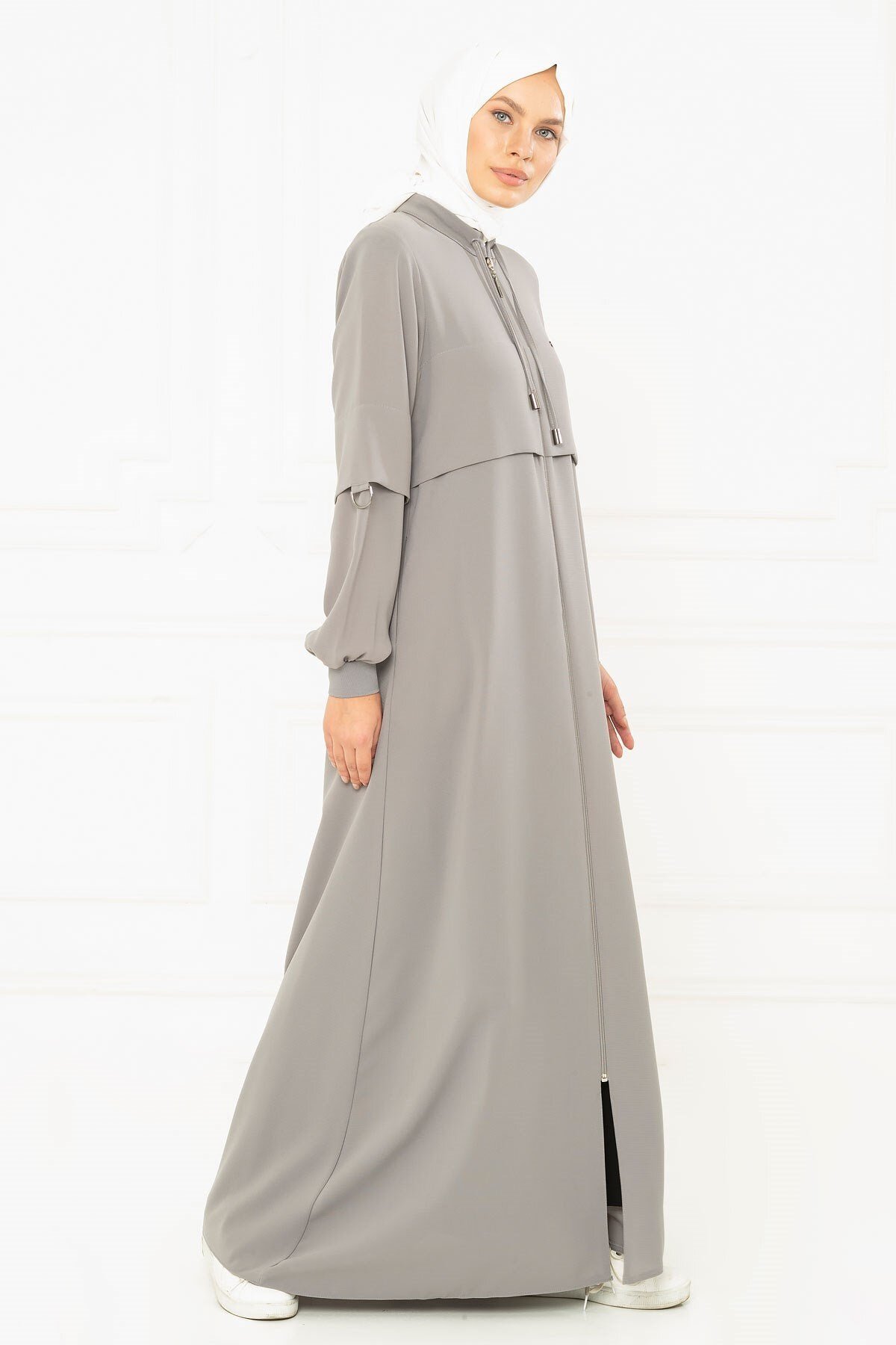 Sporty Ribbed Abaya - Grey - Beyza