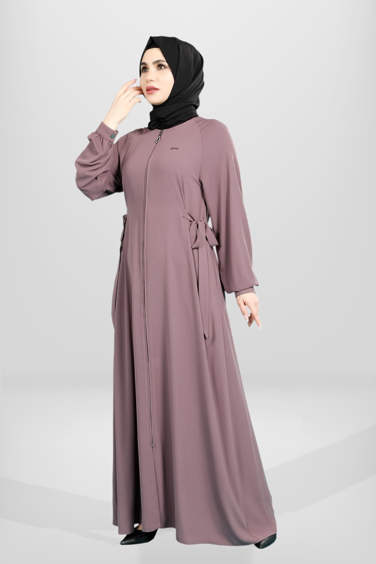 Side-Tie Zippered Abaya - Dried Rose - Beyza