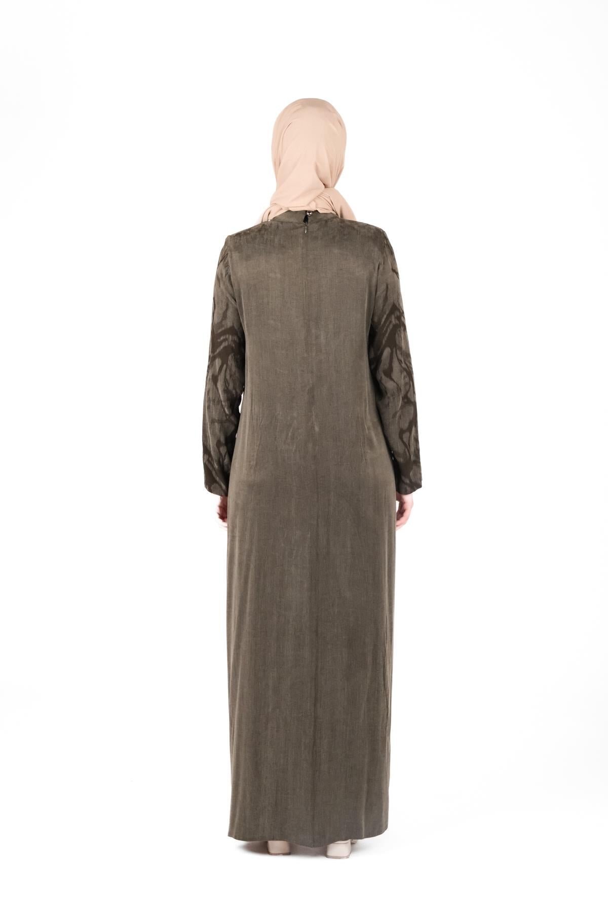 Self-Patterned Bow Collar Modest Dress - Khaki - Beyza