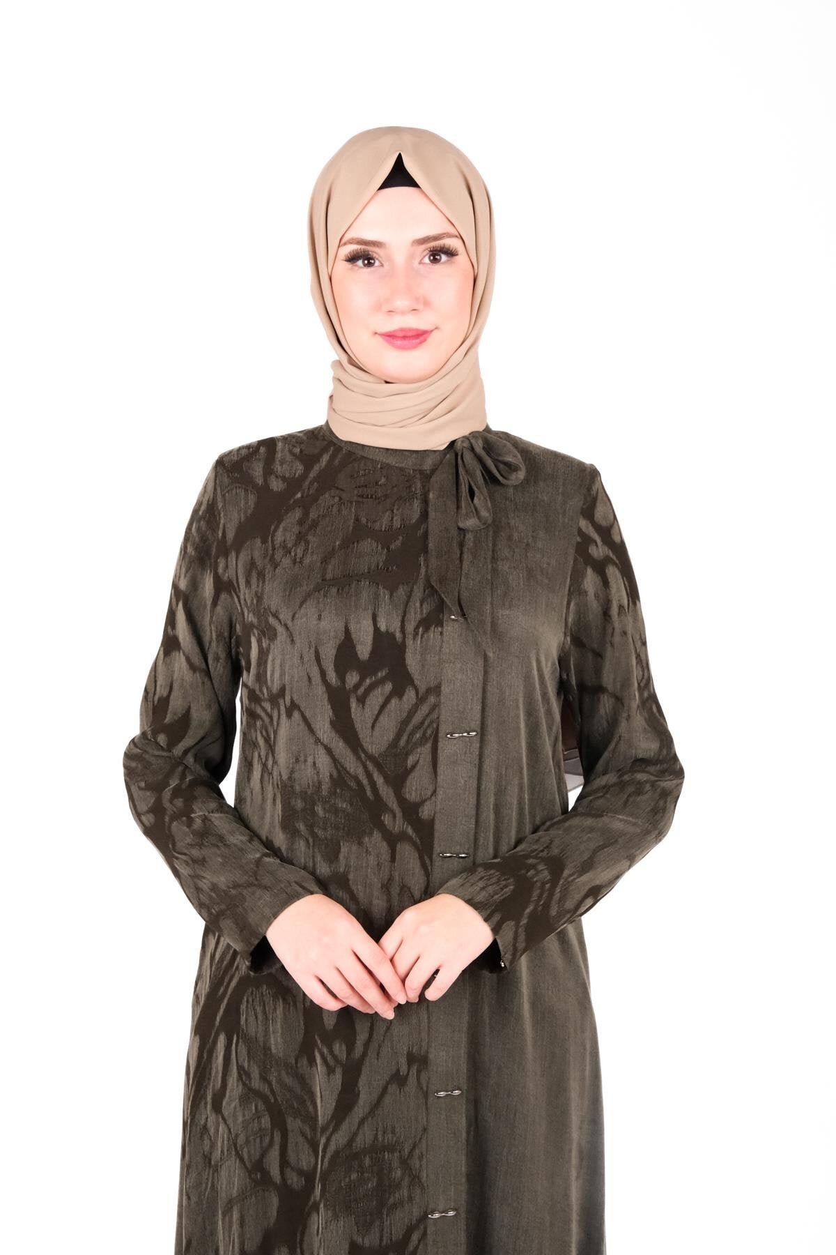 Self-Patterned Bow Collar Modest Dress - Khaki - Beyza