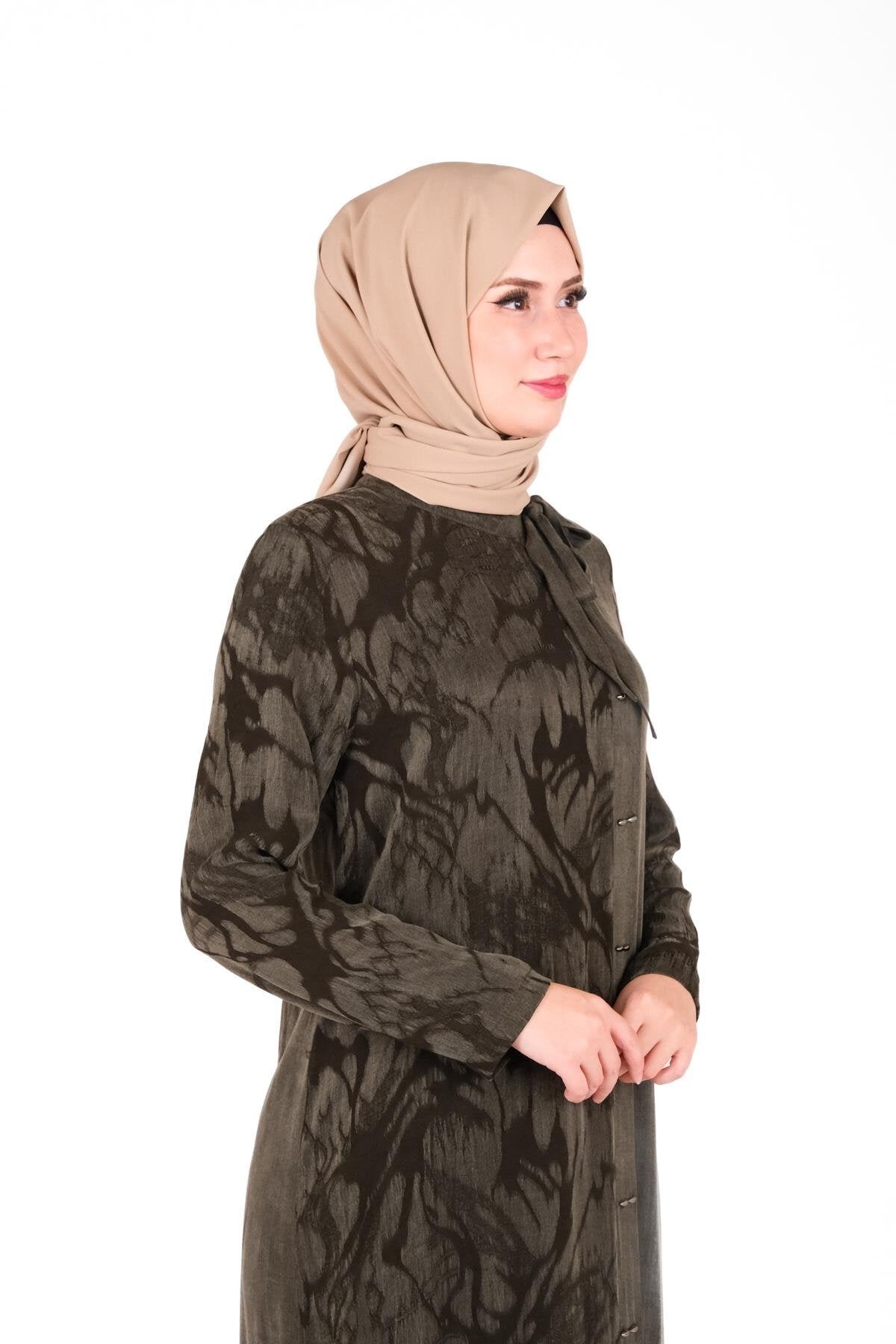 Self-Patterned Bow Collar Modest Dress - Khaki - Beyza