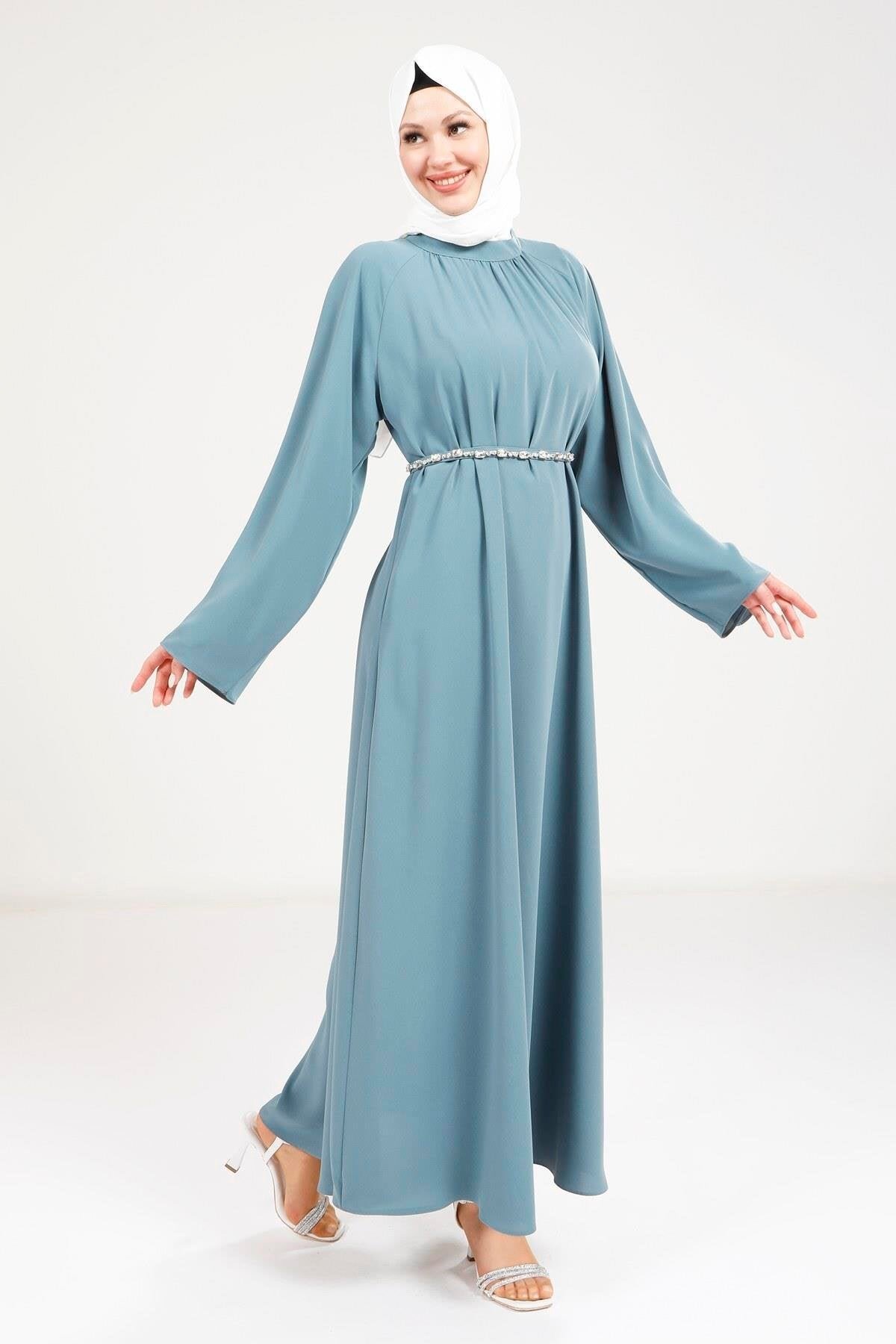 Stone Belt Detailed Modest Dress - Indigo - Beyza