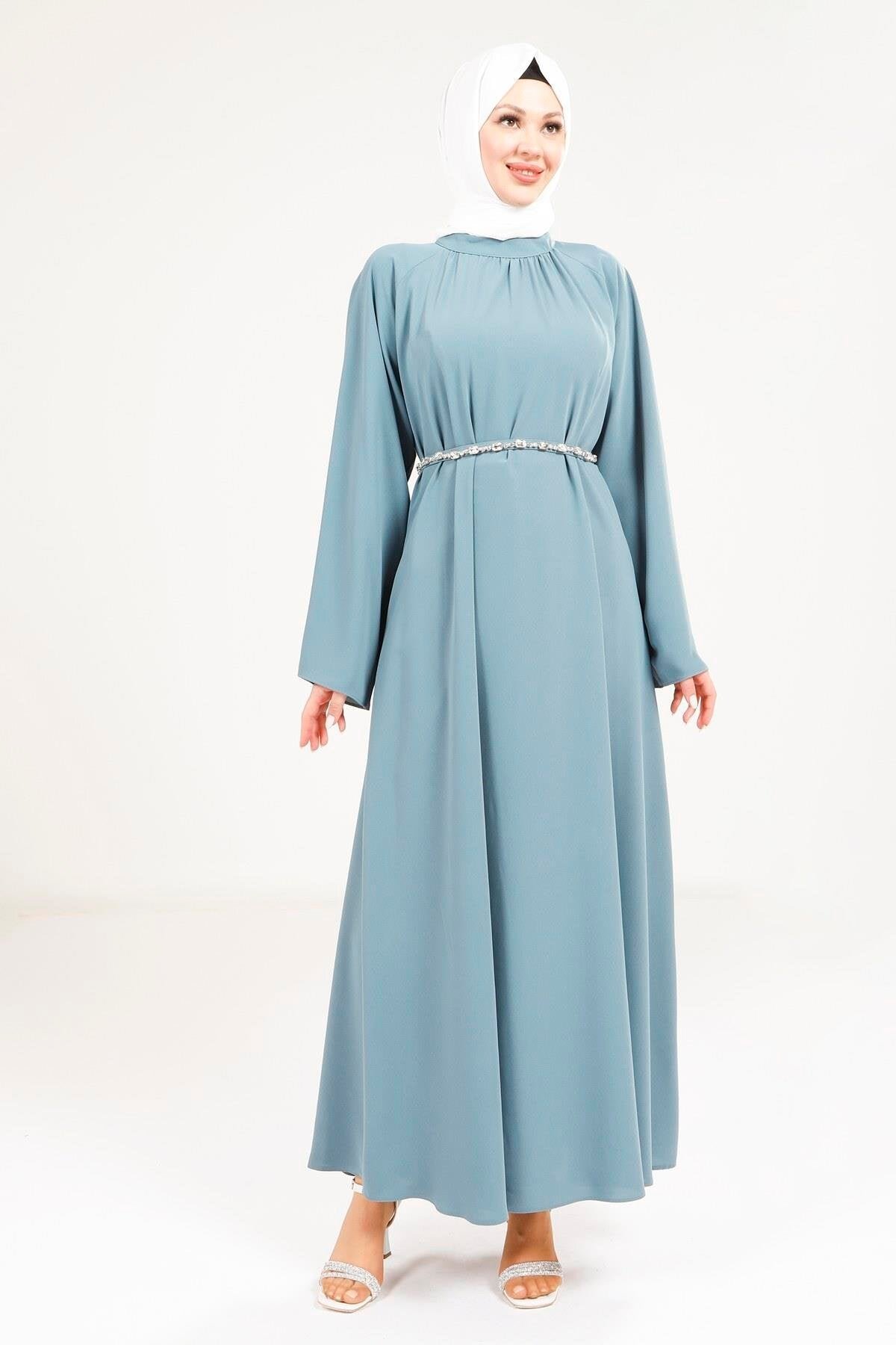 Stone Belt Detailed Modest Dress - Indigo - Beyza
