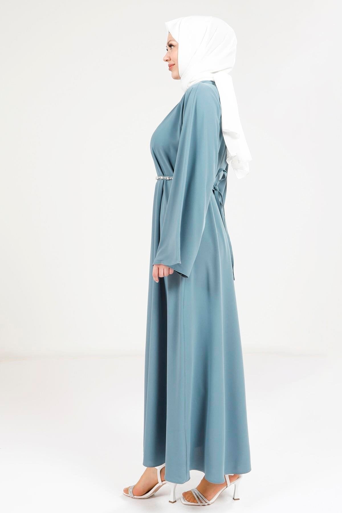 Stone Belt Detailed Modest Dress - Indigo - Beyza