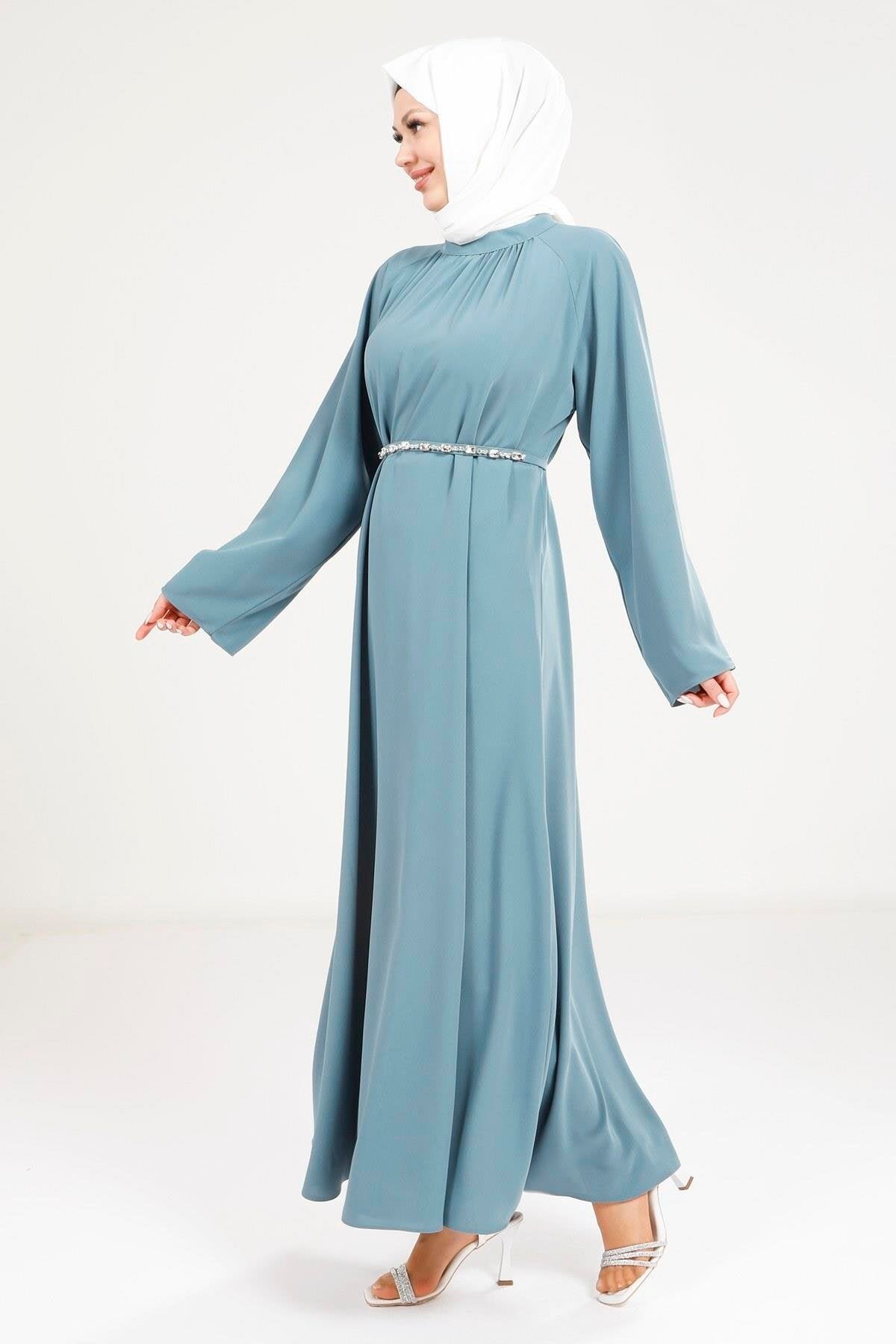 Stone Belt Detailed Modest Dress - Indigo - Beyza