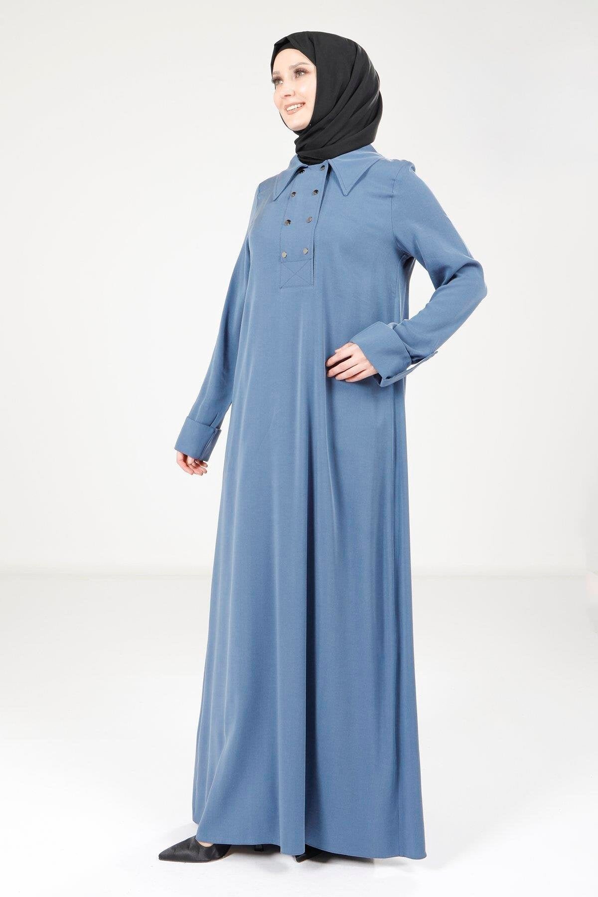 Collared Button-Detail Modest Dress - Indigo - Beyza