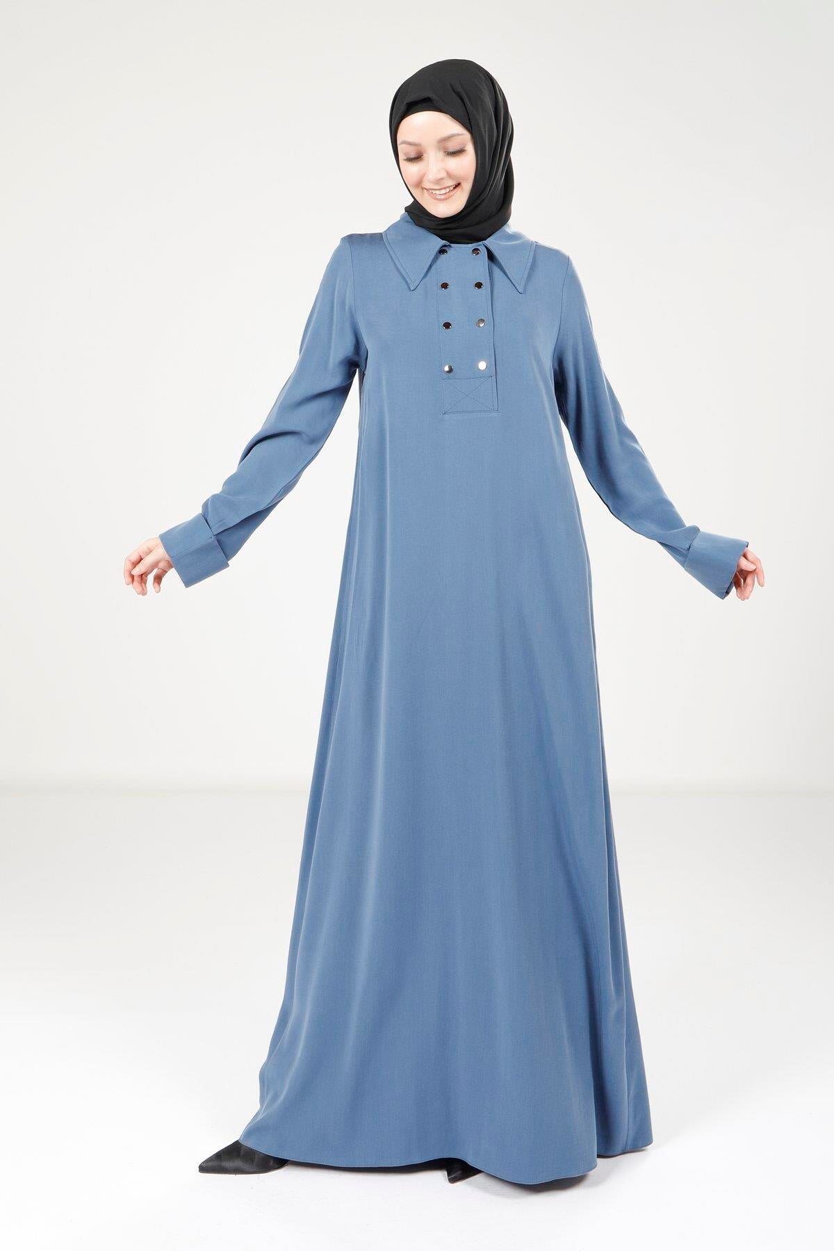Collared Button-Detail Modest Dress - Indigo - Beyza