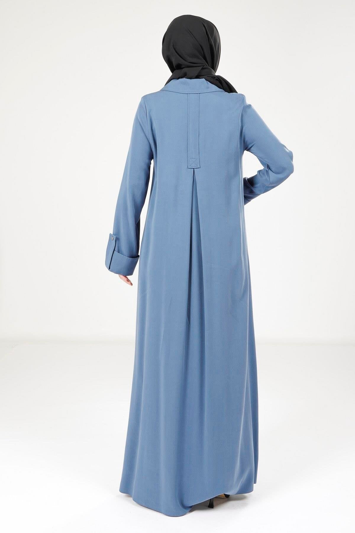 Collared Button-Detail Modest Dress - Indigo - Beyza