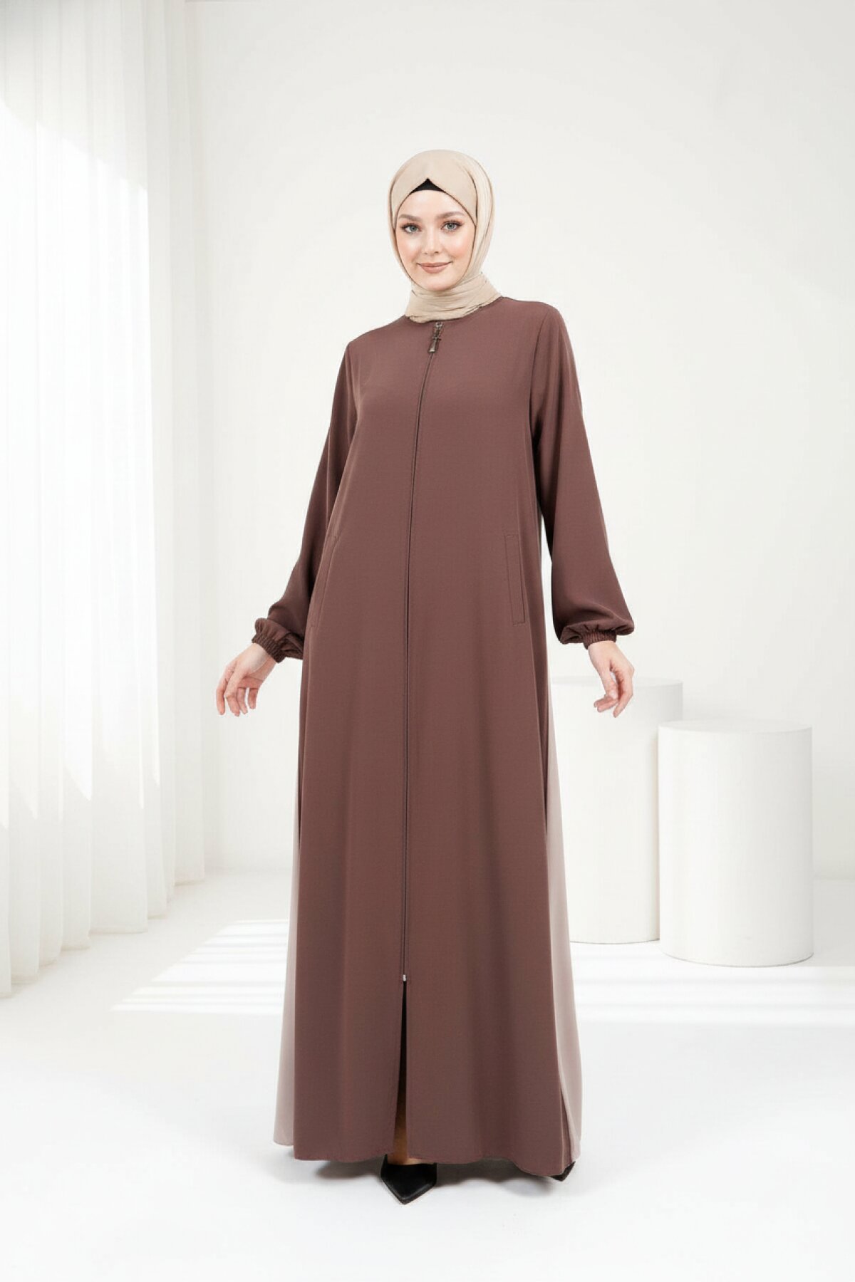 Double Zipped Abaya - Brown - Beyza