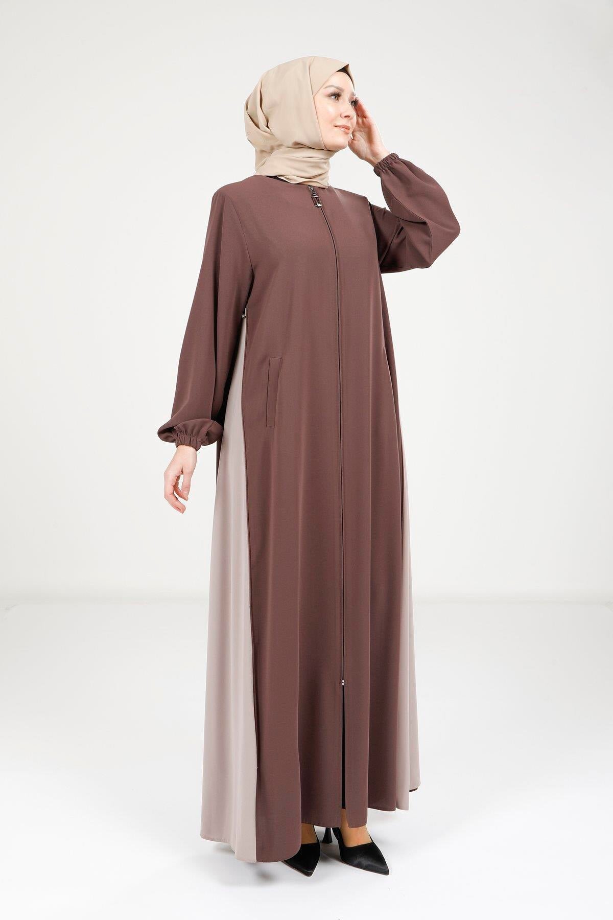 Double Zipped Abaya - Brown - Beyza