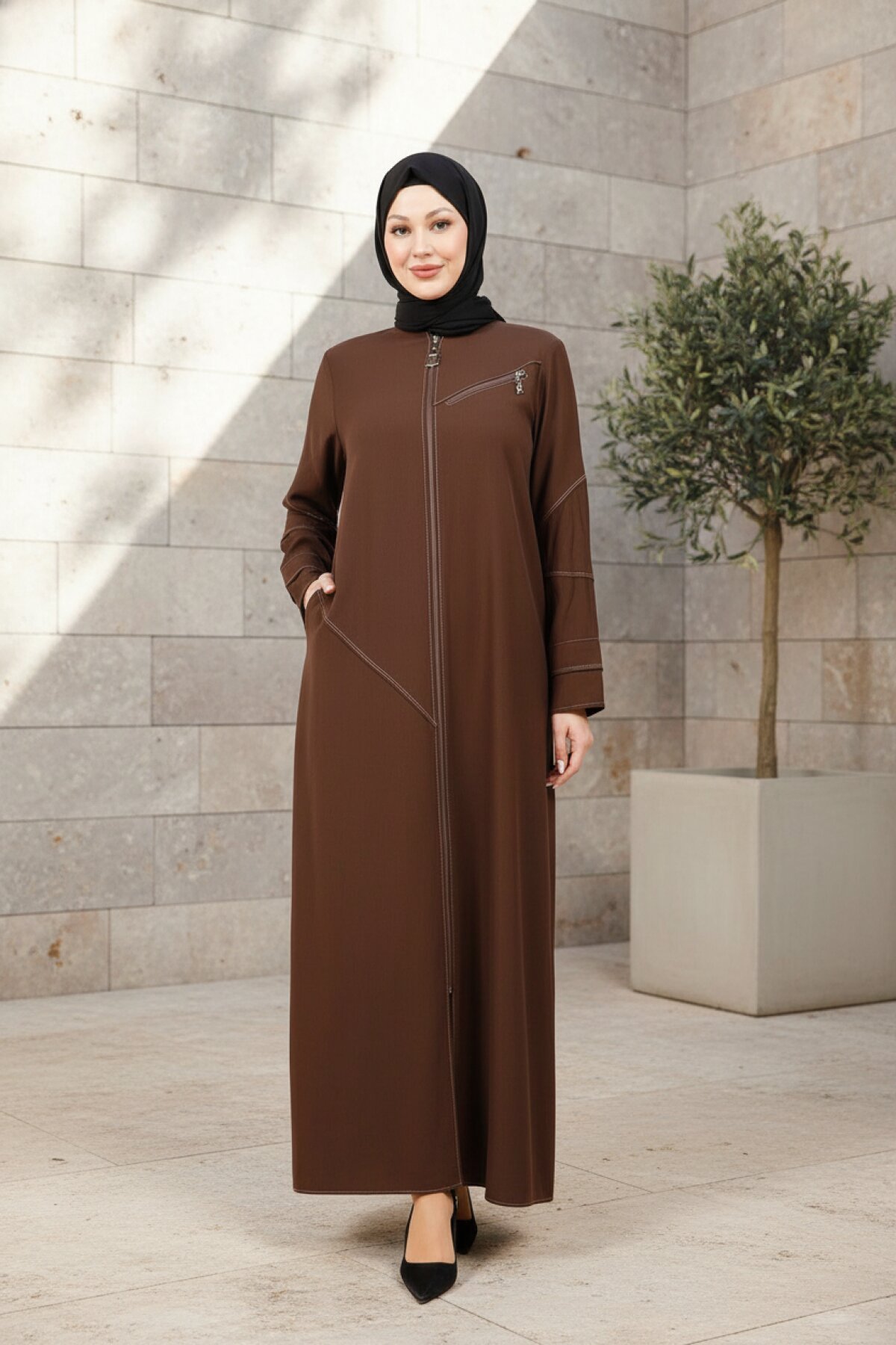 Sport Stitching Abaya - Brown - Beyza