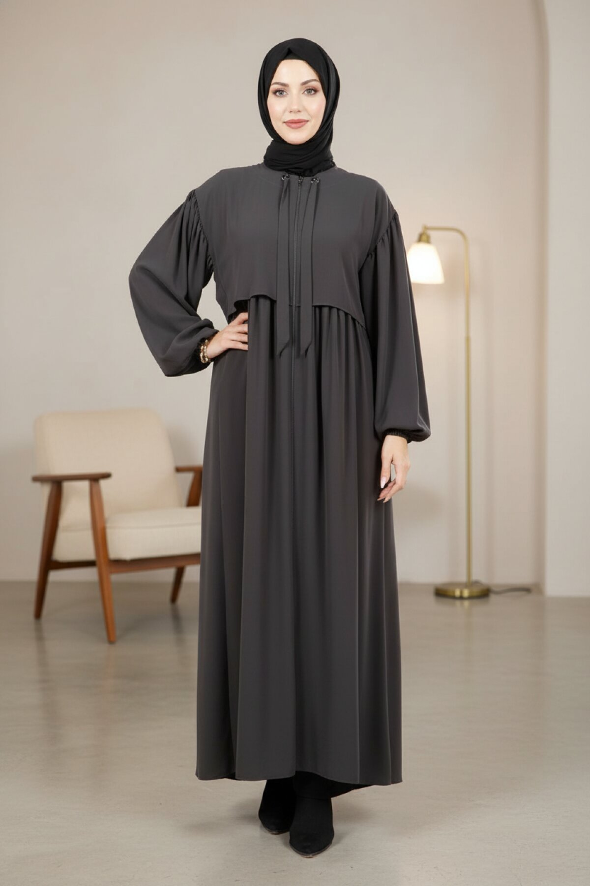 Bolero Detail Tie-Neck Abaya - Dark Gray - Beyza