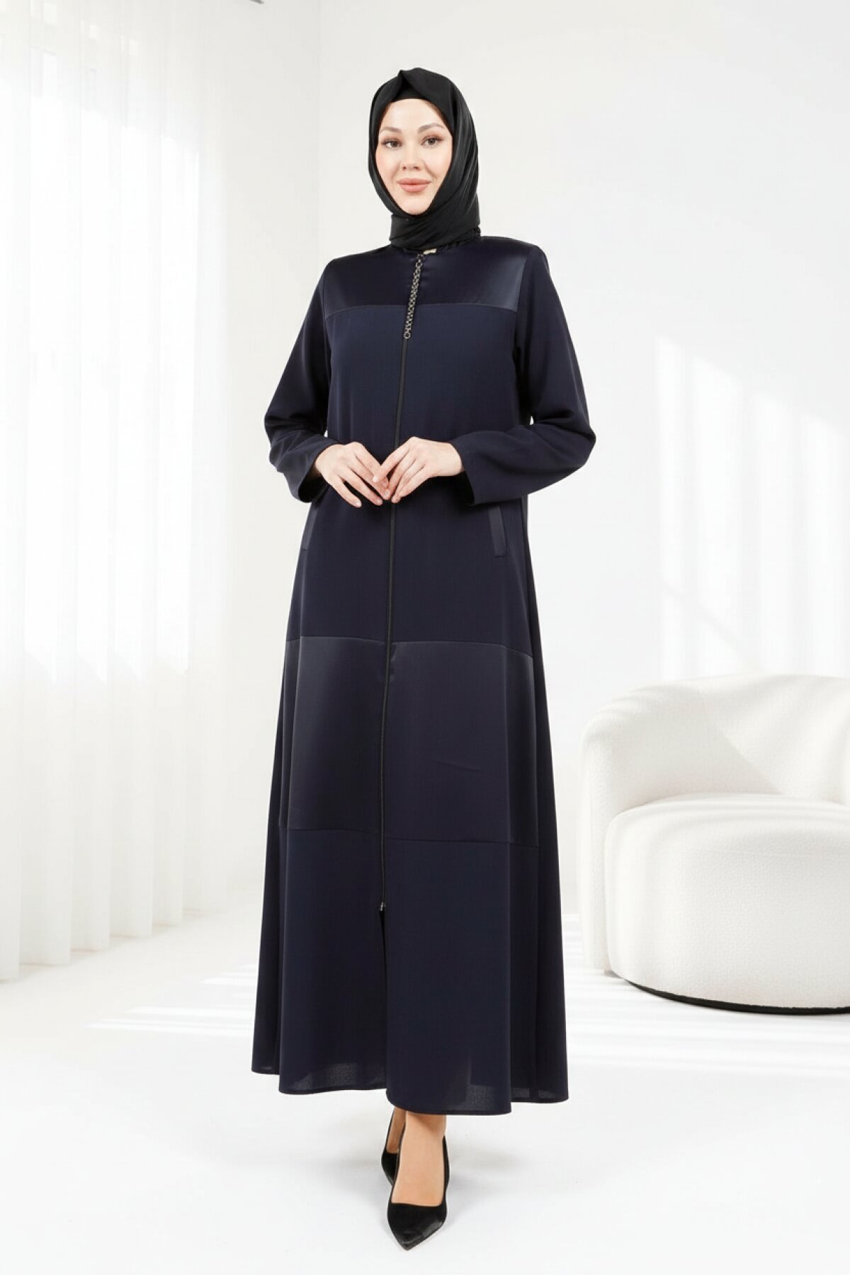 Zipped Pockets Abaya - Navy Blue - Beyza