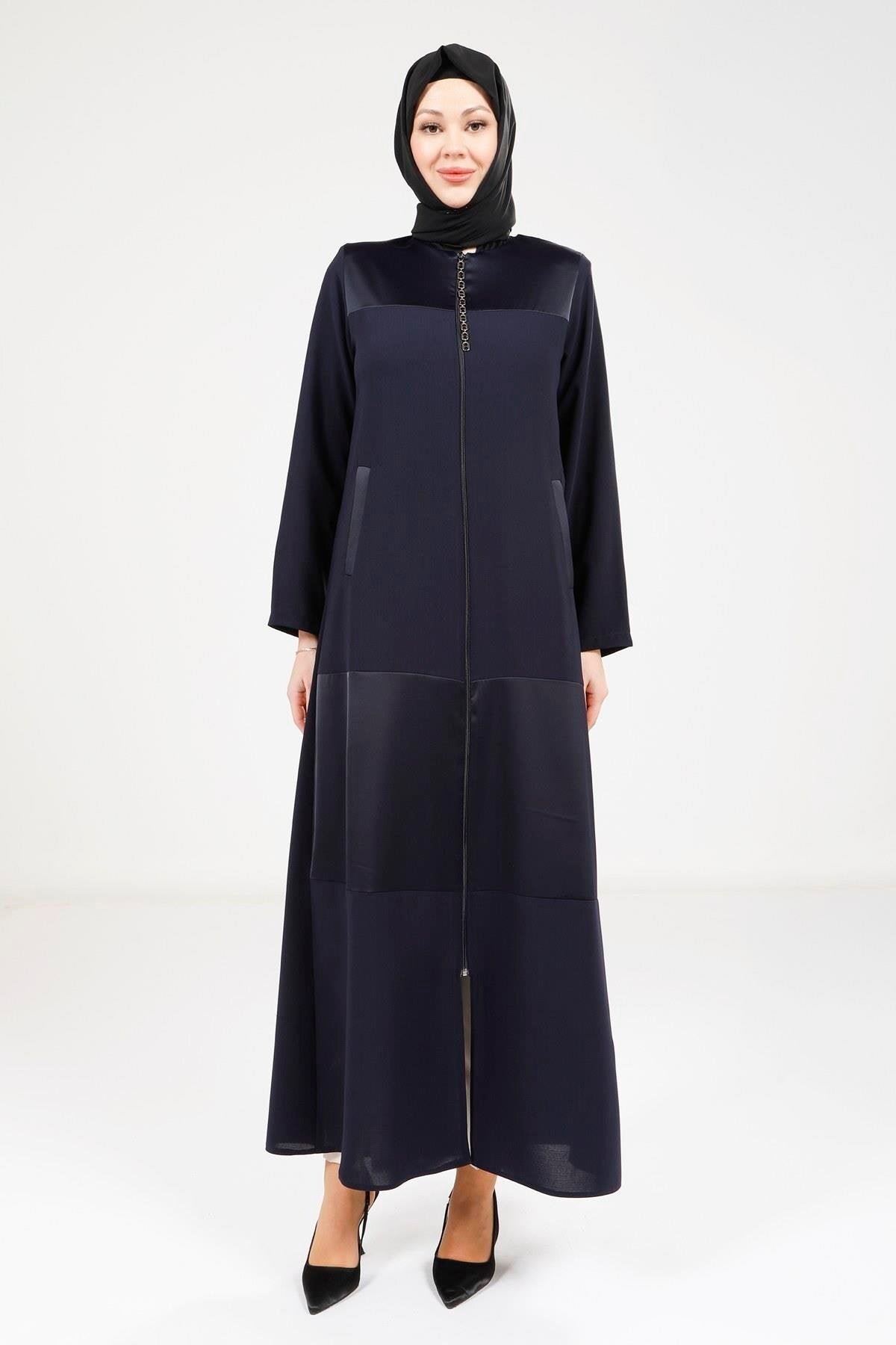 Zipped Pockets Abaya - Navy Blue - Beyza