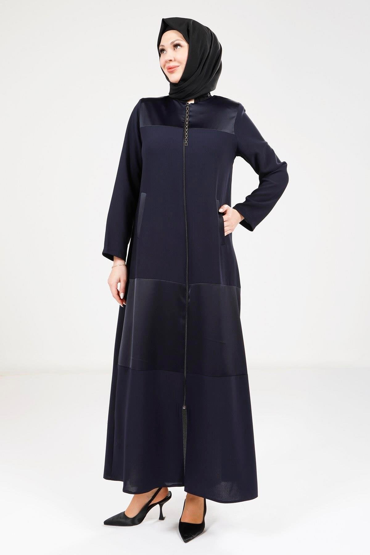 Zipped Pockets Abaya - Navy Blue - Beyza