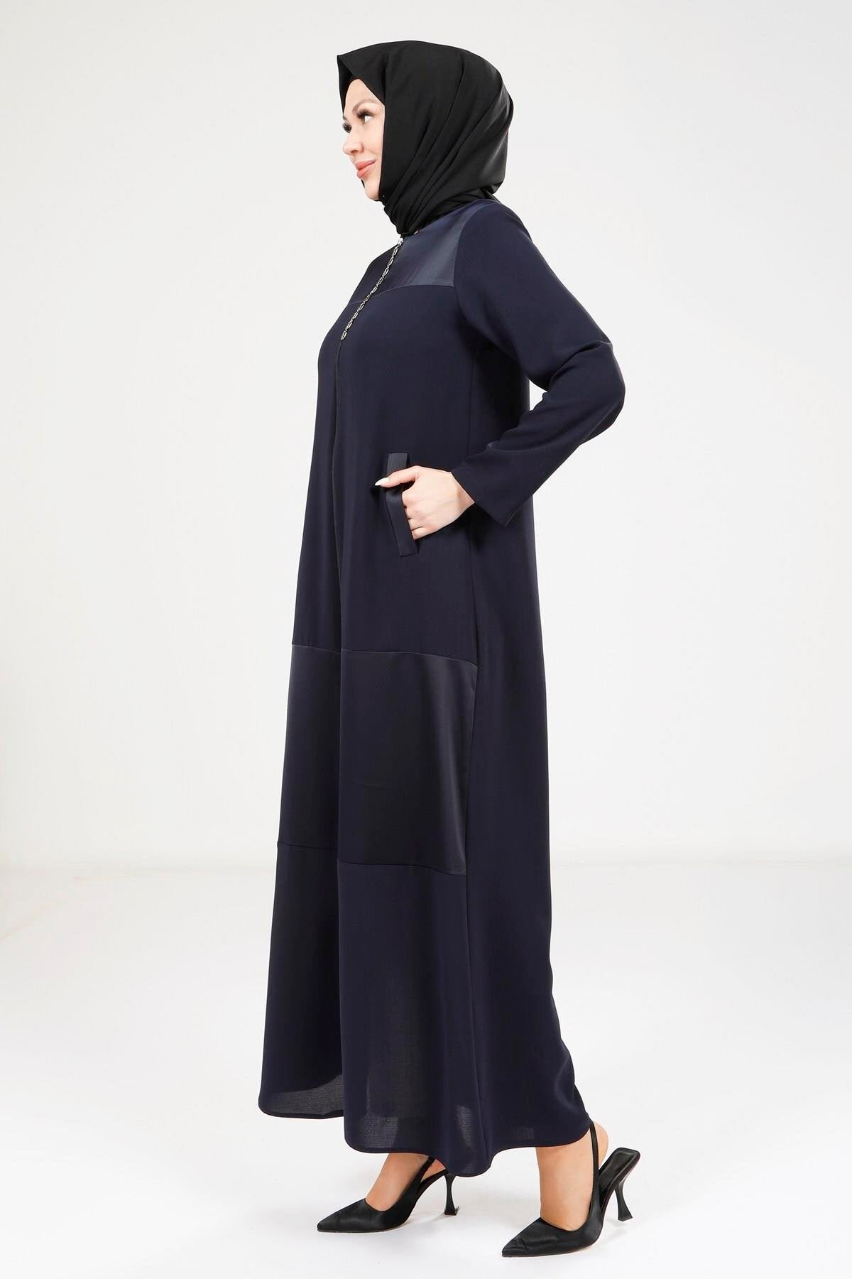 Zipped Pockets Abaya - Navy Blue - Beyza